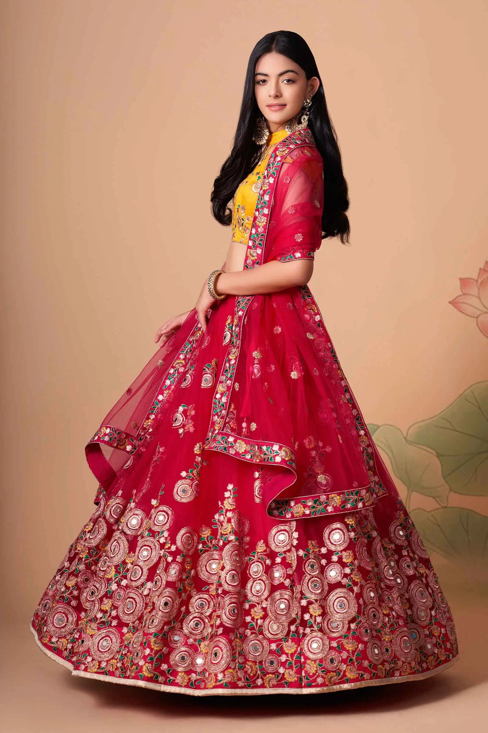 Red Soft Net Lehenga With Thread Zari Dori And Sequins Embroidery With Mirror Work | Ready To Wear - qivii