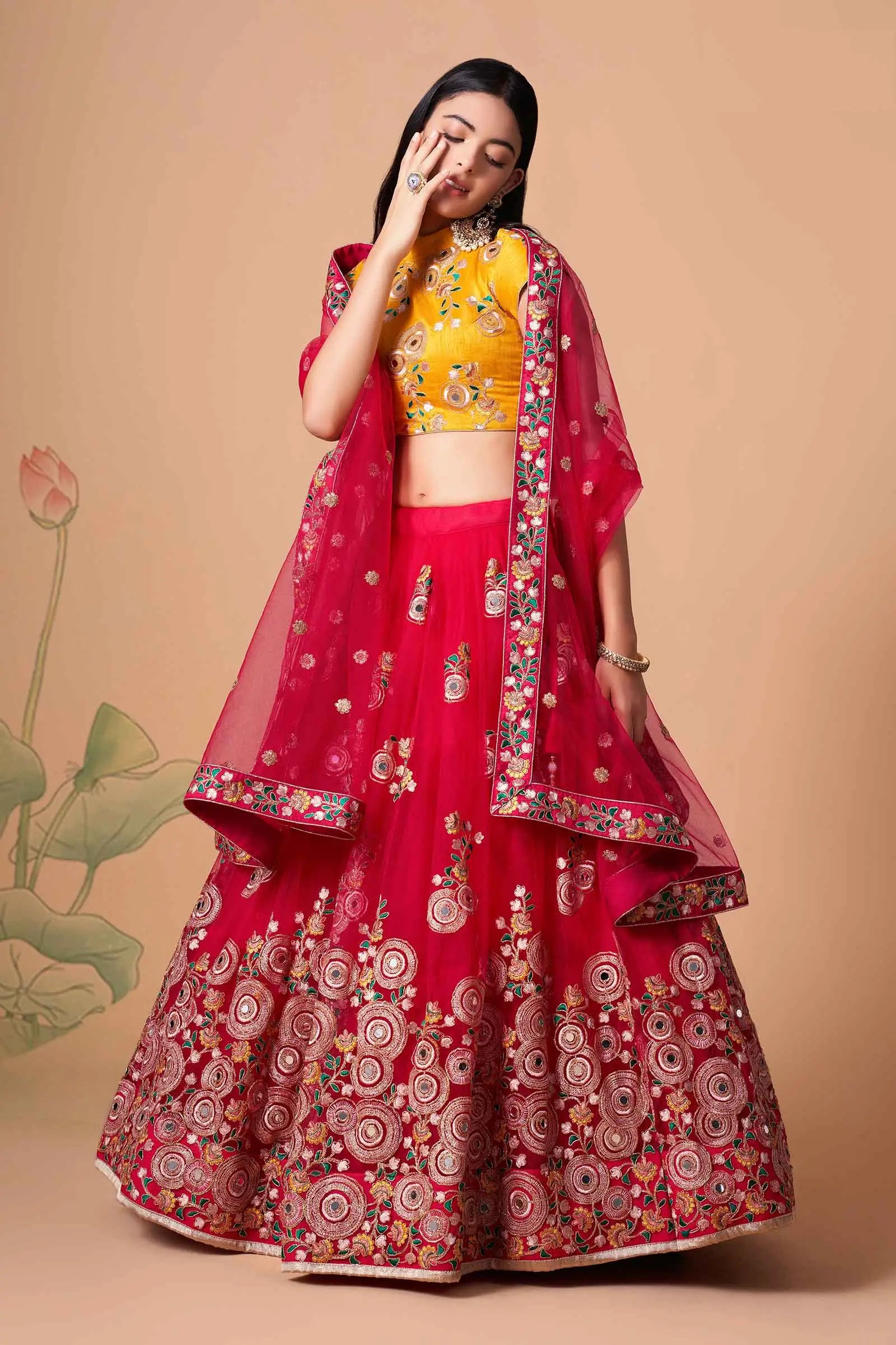 Red Soft Net Lehenga With Thread Zari Dori And Sequins Embroidery With Mirror Work | Ready To Wear - qivii