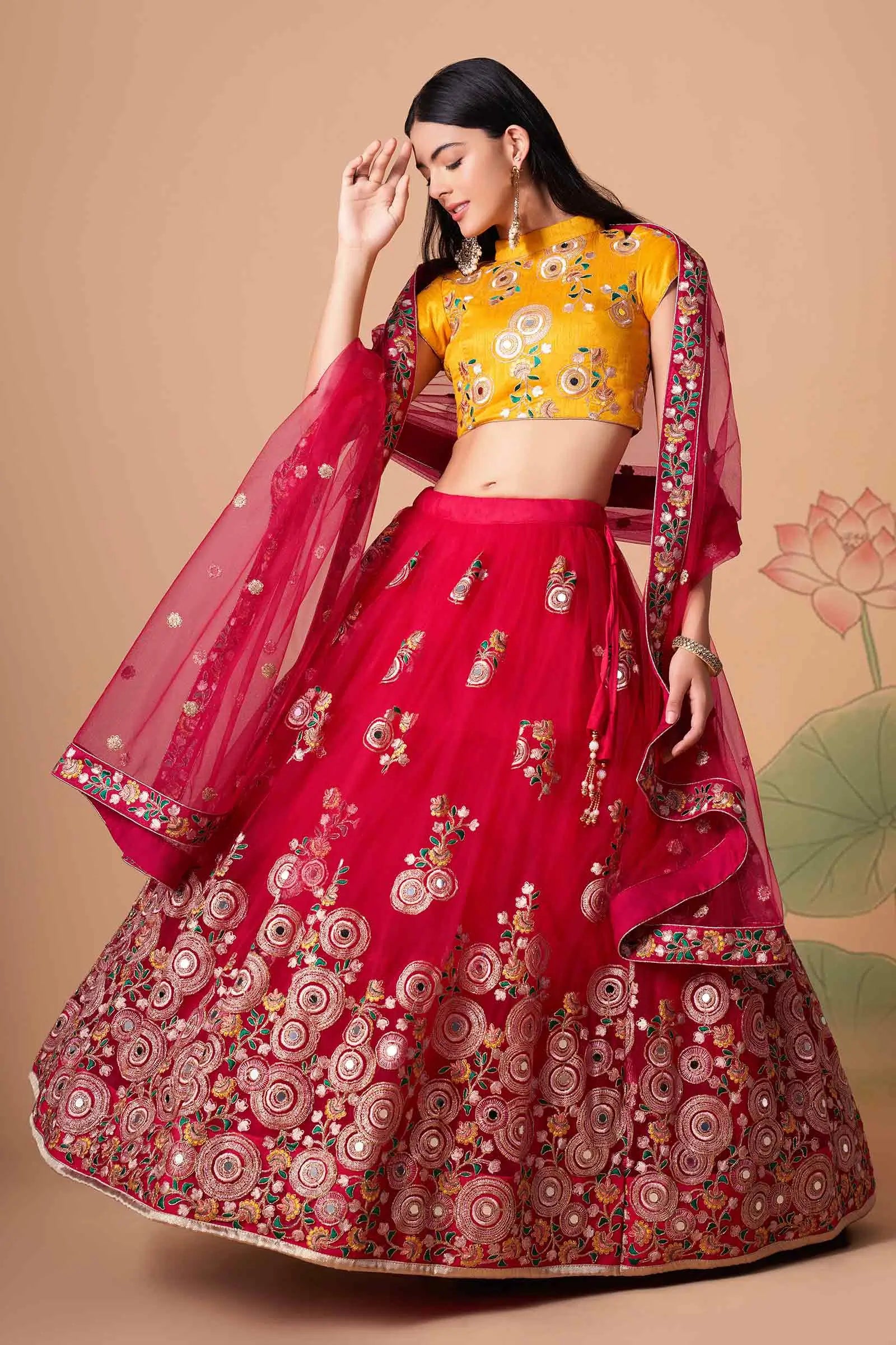 Red Soft Net Lehenga With Thread Zari Dori And Sequins Embroidery With Mirror Work | Ready To Wear - qivii
