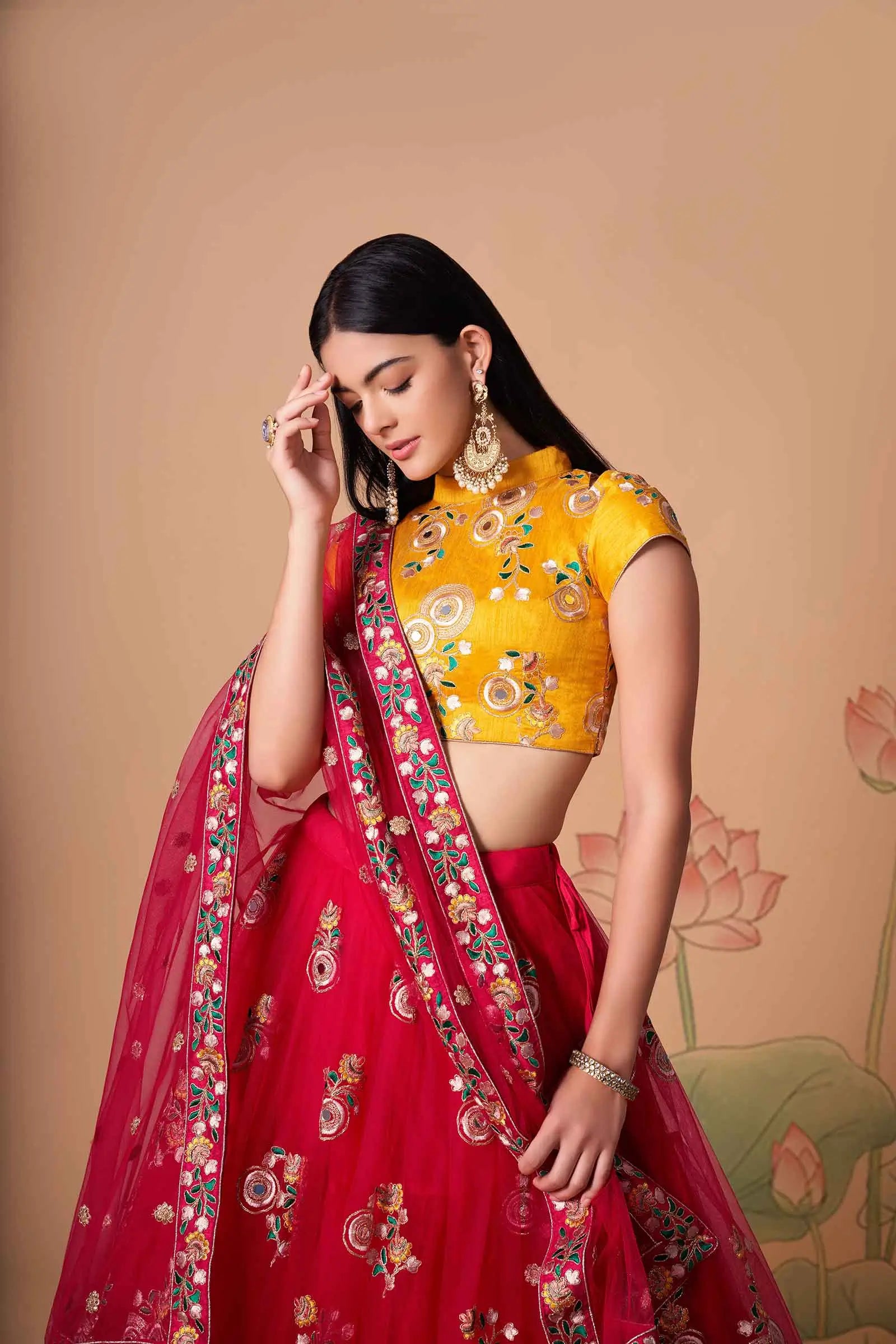 Red Soft Net Lehenga With Thread Zari Dori And Sequins Embroidery With Mirror Work | Ready To Wear - qivii