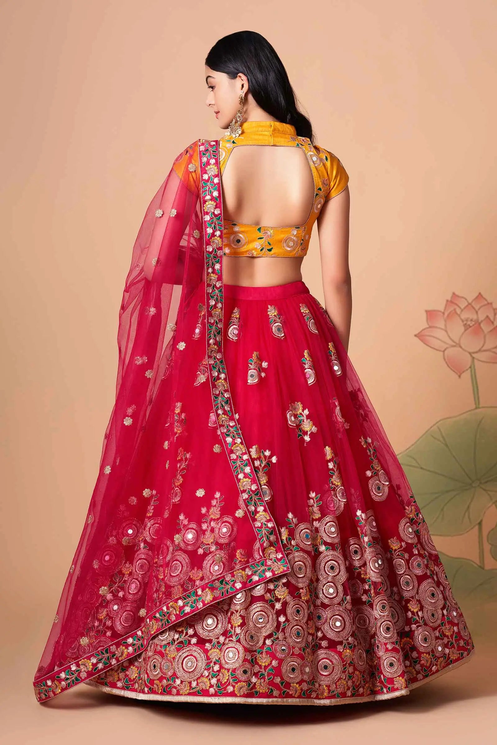 Red Soft Net Lehenga With Thread Zari Dori And Sequins Embroidery With Mirror Work | Ready To Wear - qivii