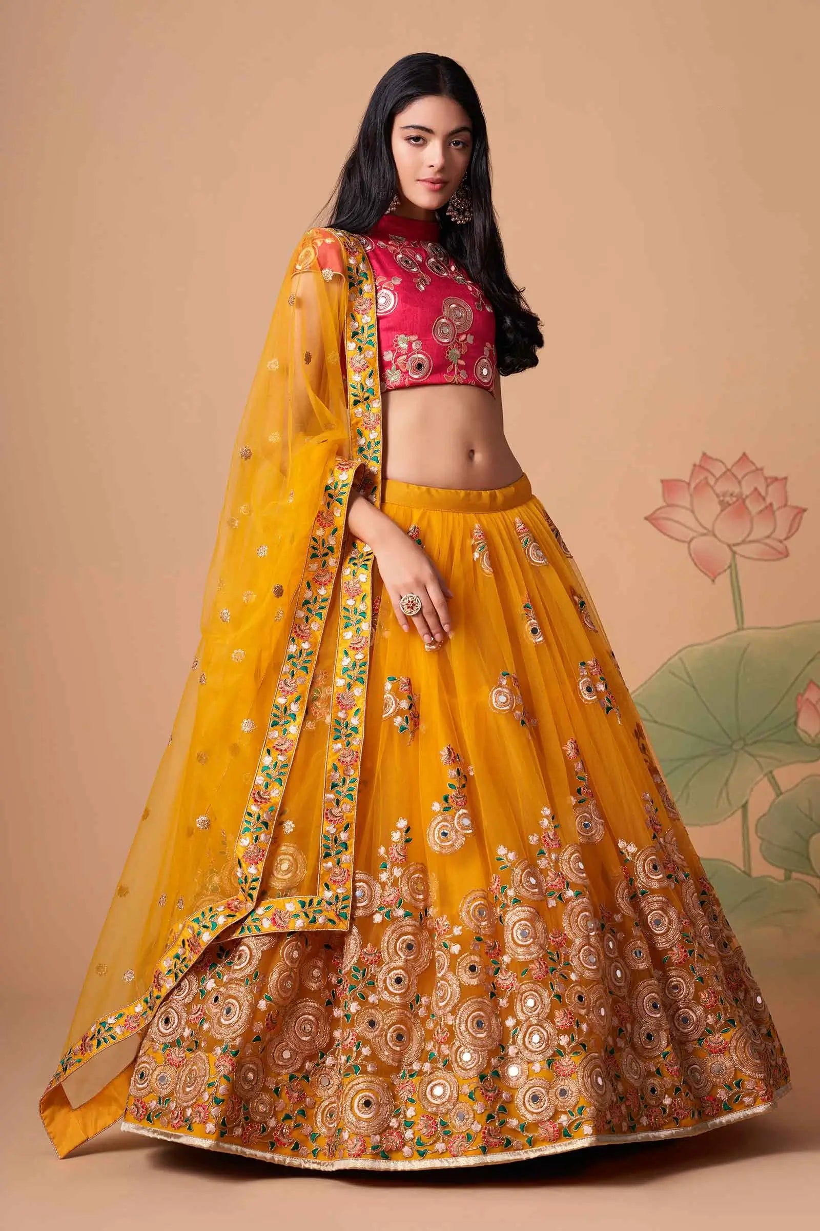 Yellow Soft Net Lehenga With Thread Zari Dori And Sequins Embroidery With Mirror Work | Ready To Wear - qivii