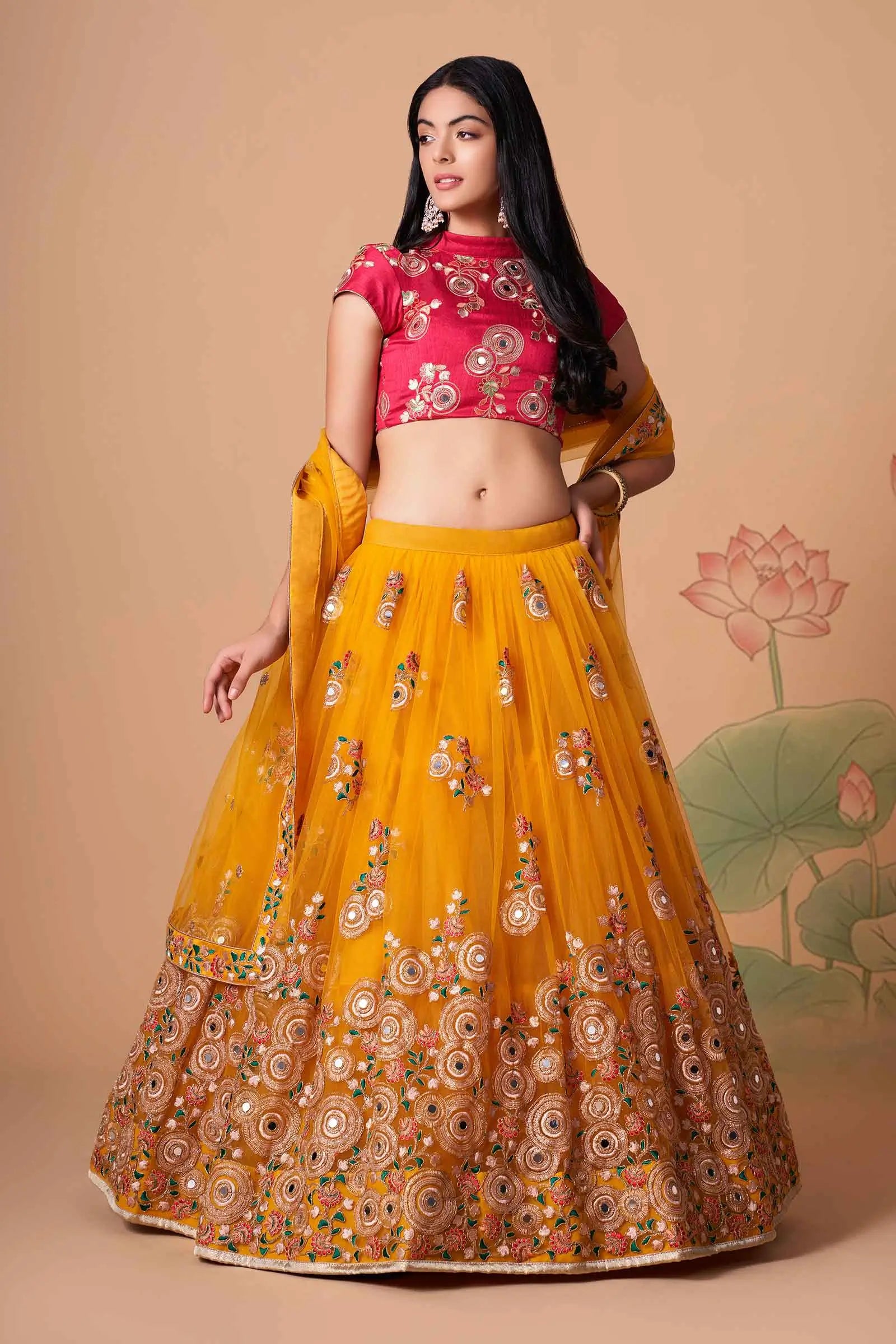 Yellow Soft Net Lehenga With Thread Zari Dori And Sequins Embroidery With Mirror Work | Ready To Wear - qivii