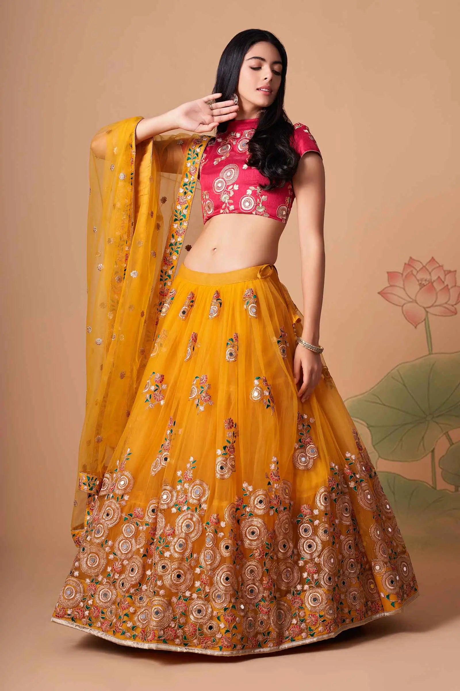 Yellow Soft Net Lehenga With Thread Zari Dori And Sequins Embroidery With Mirror Work | Ready To Wear - qivii