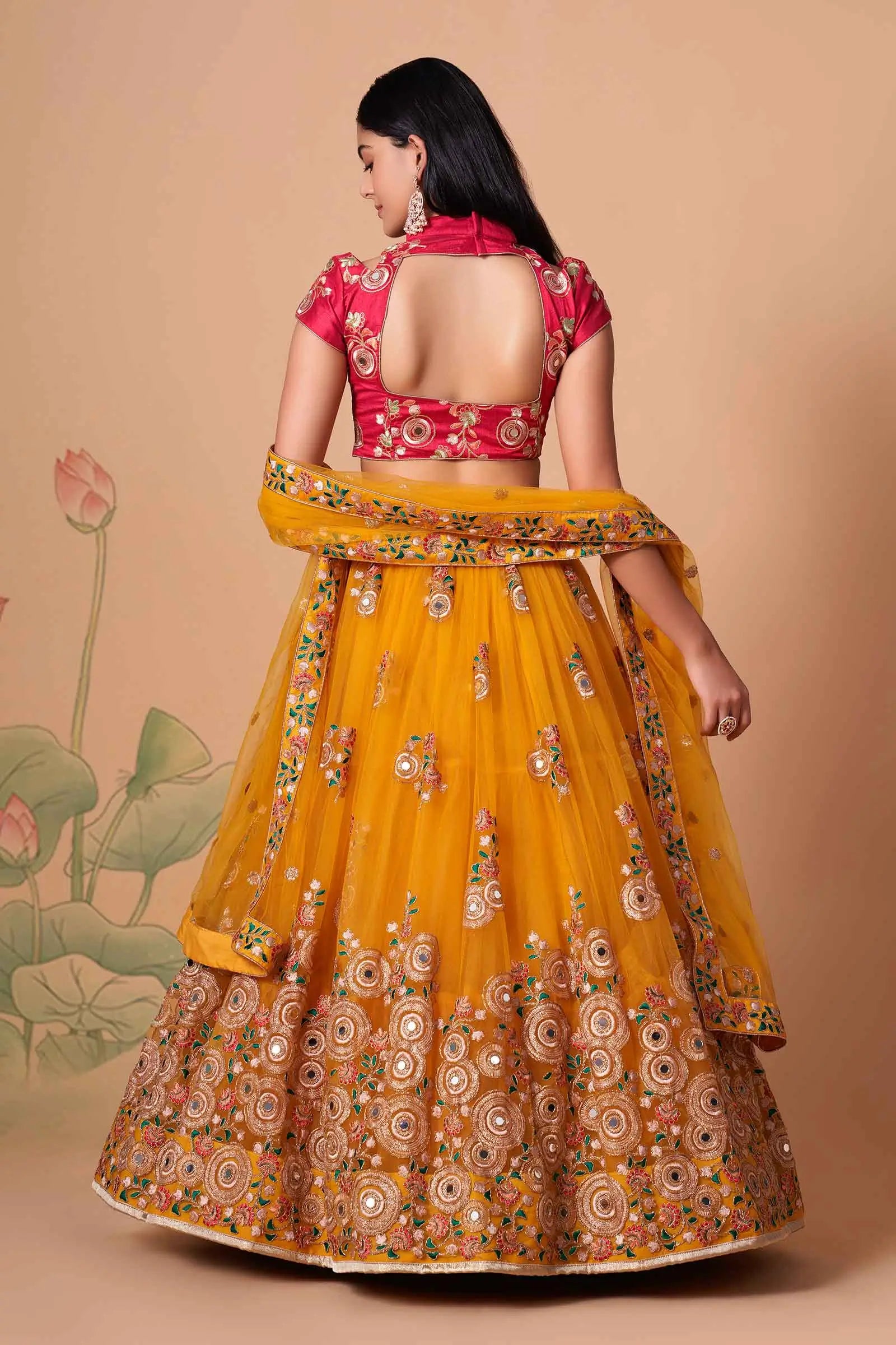 Yellow Soft Net Lehenga With Thread Zari Dori And Sequins Embroidery With Mirror Work | Ready To Wear - qivii