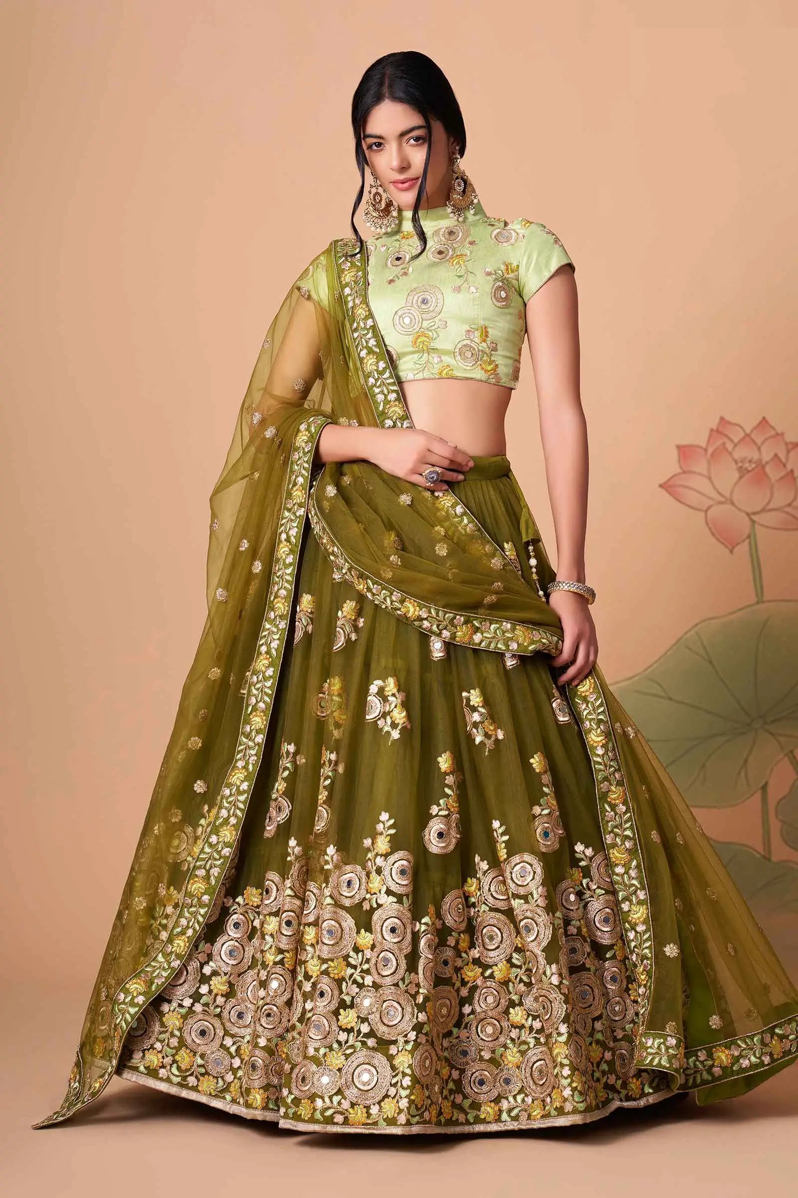Mehndi Soft Net Lehenga With Thread Zari Dori And Sequins Embroidery With Mirror Work | Ready To Wear - qivii