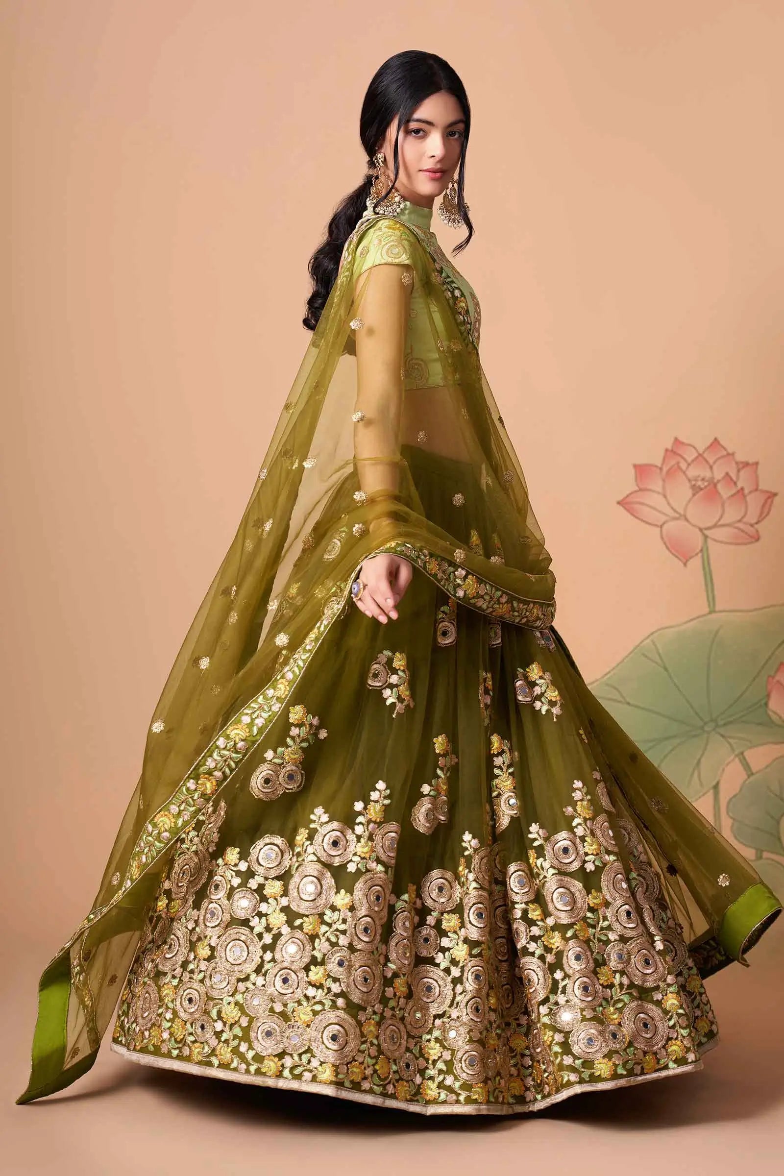 Mehndi Soft Net Lehenga With Thread Zari Dori And Sequins Embroidery With Mirror Work | Ready To Wear - qivii