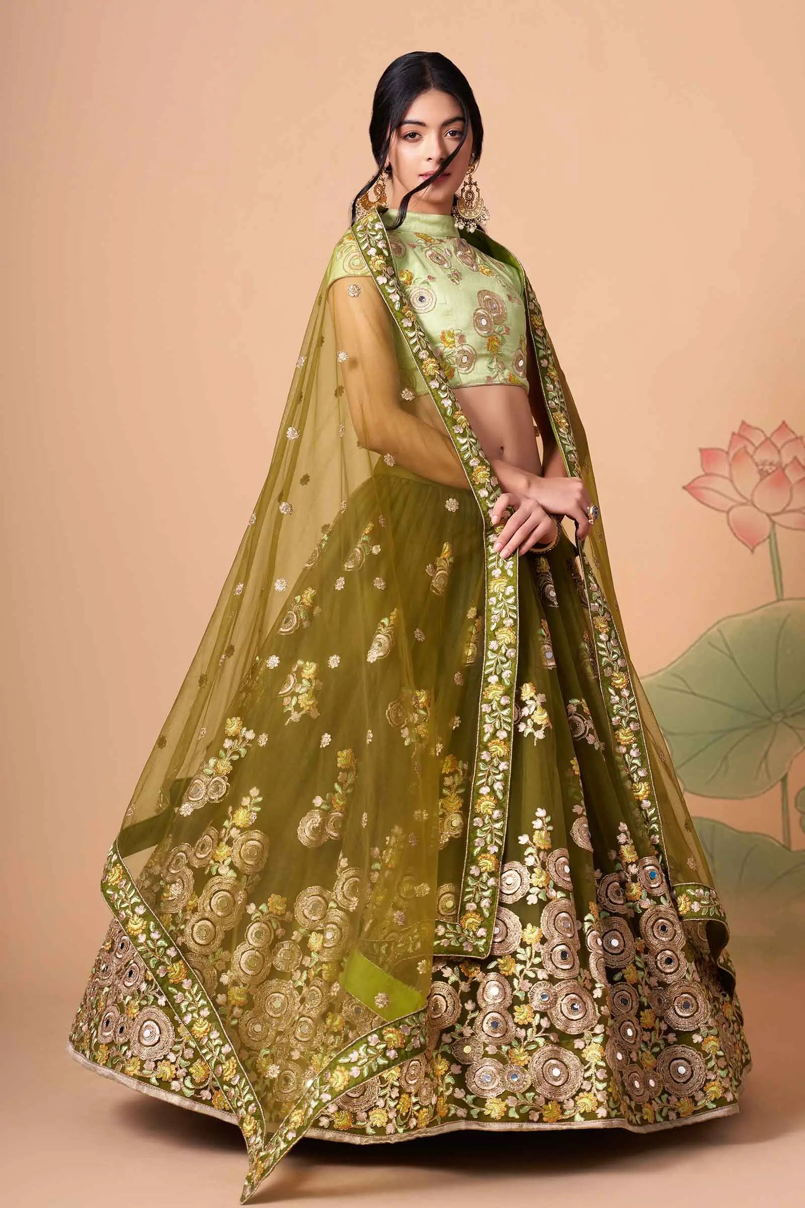Mehndi Soft Net Lehenga With Thread Zari Dori And Sequins Embroidery With Mirror Work | Ready To Wear - qivii