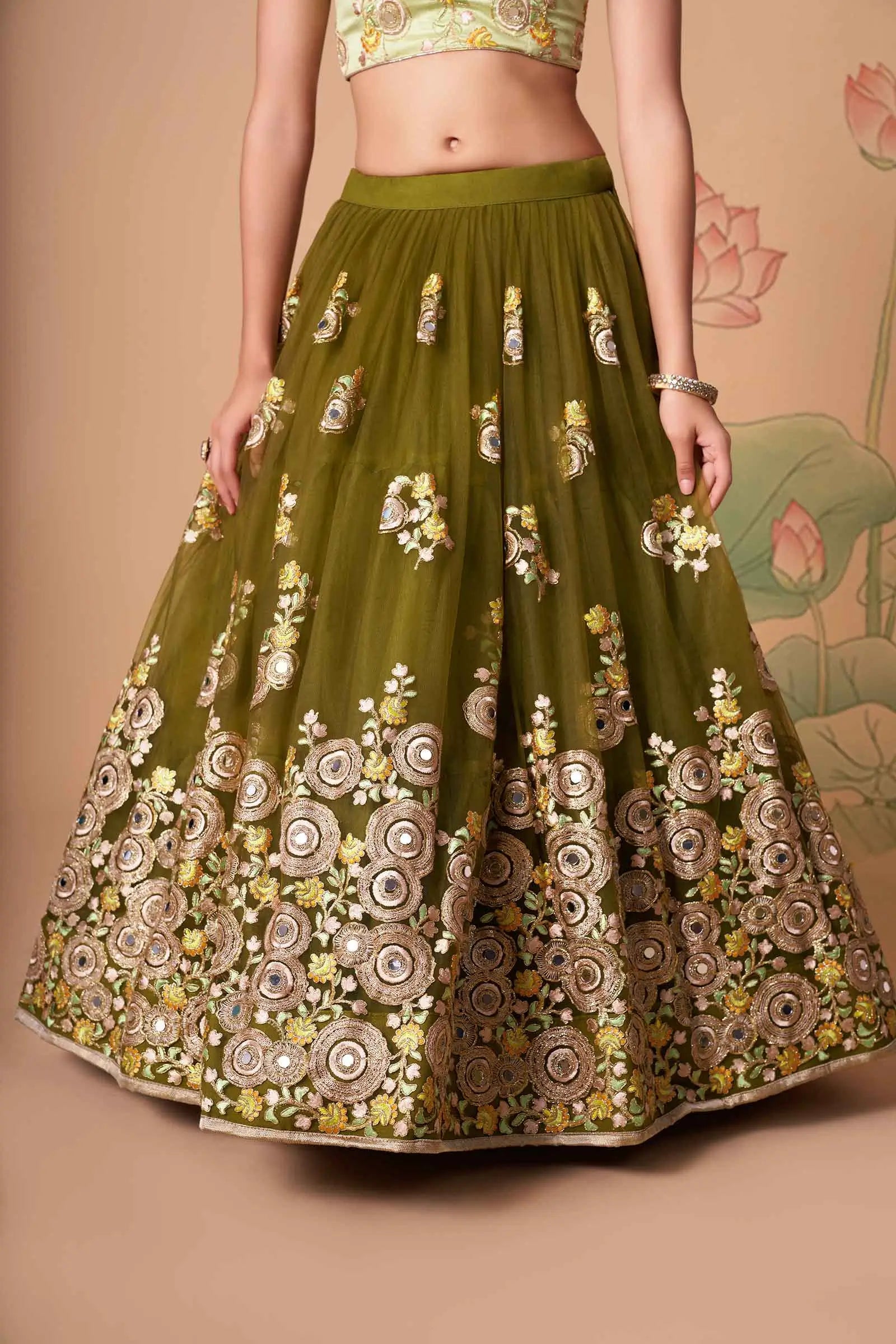 Mehndi Soft Net Lehenga With Thread Zari Dori And Sequins Embroidery With Mirror Work | Ready To Wear - qivii