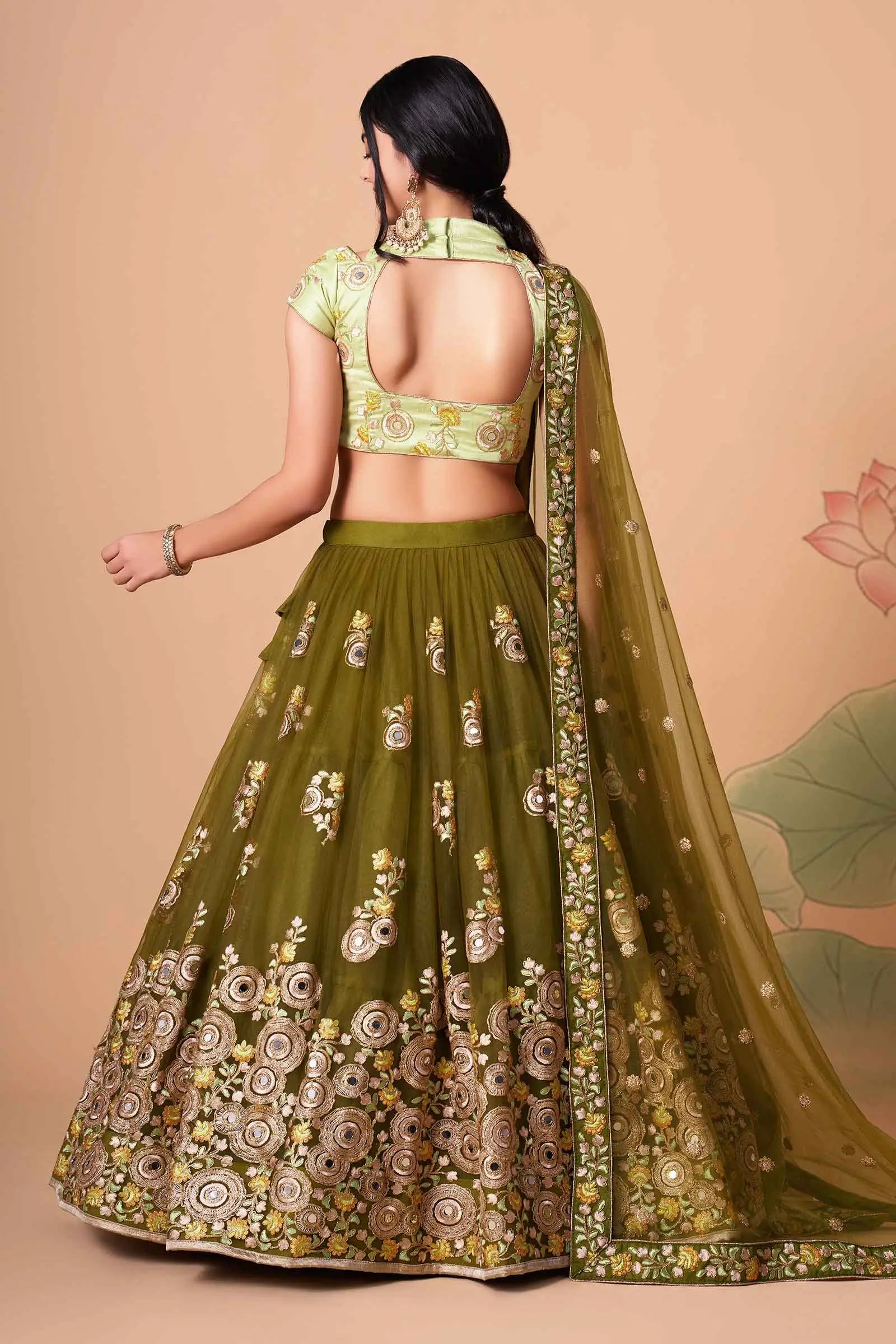 Mehndi Soft Net Lehenga With Thread Zari Dori And Sequins Embroidery With Mirror Work | Ready To Wear - qivii