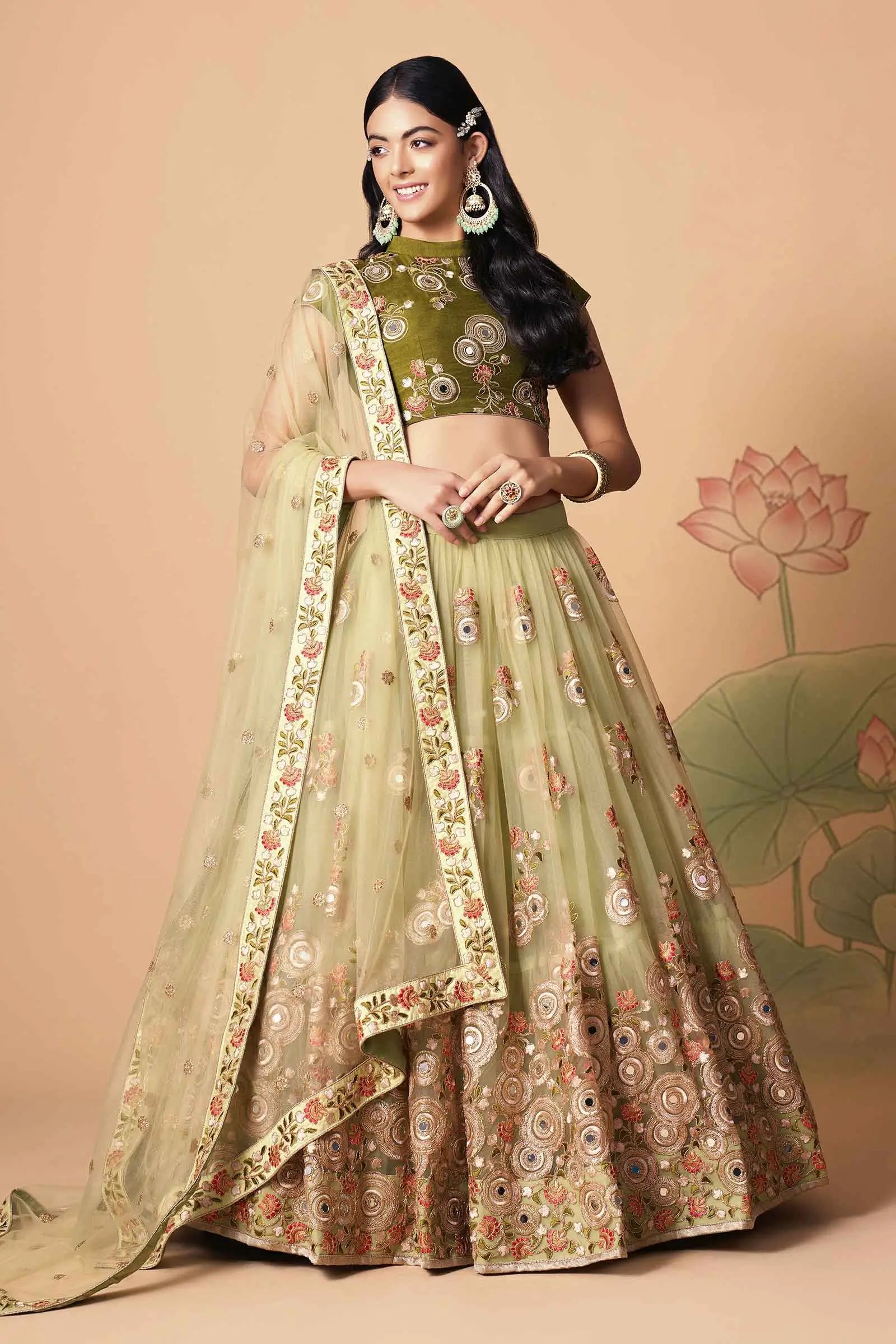 Pista Soft Net Lehenga With Thread Zari Dori And Sequins Embroidery With Mirror Work | Ready To Wear - qivii