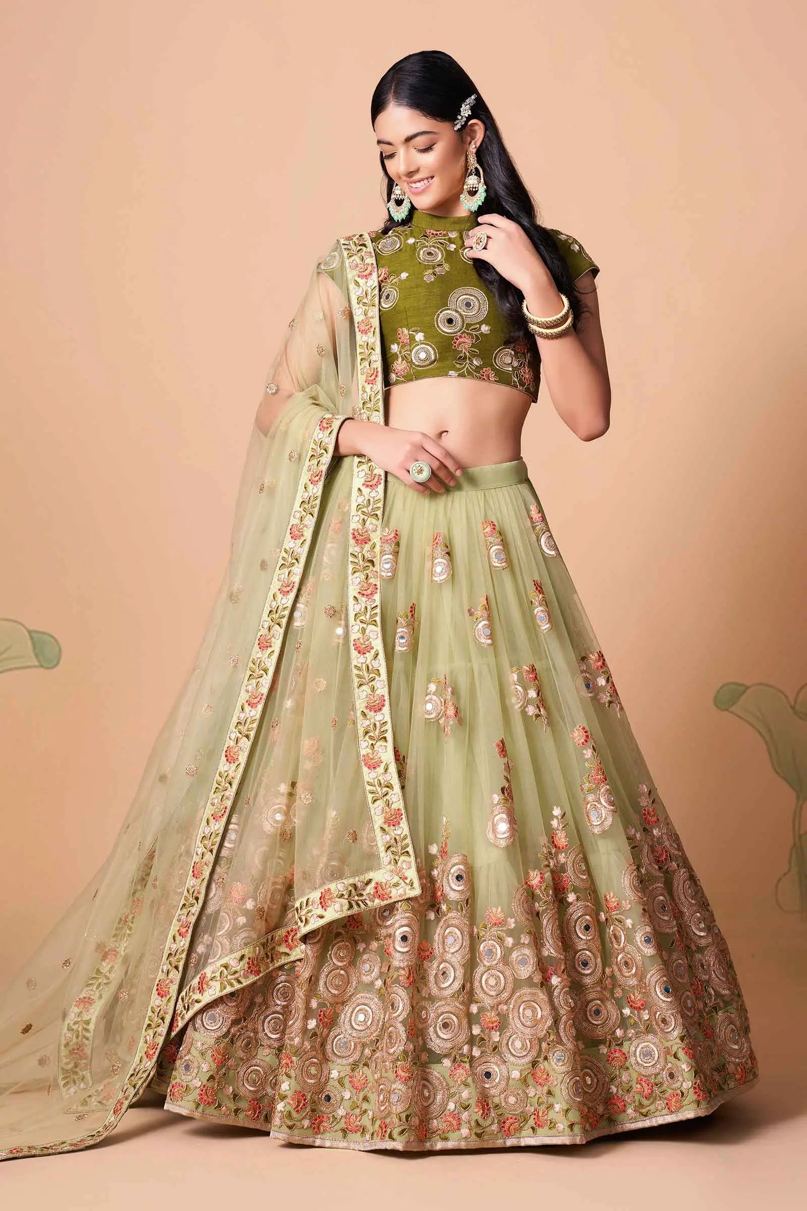 Pista Soft Net Lehenga With Thread Zari Dori And Sequins Embroidery With Mirror Work | Ready To Wear - qivii