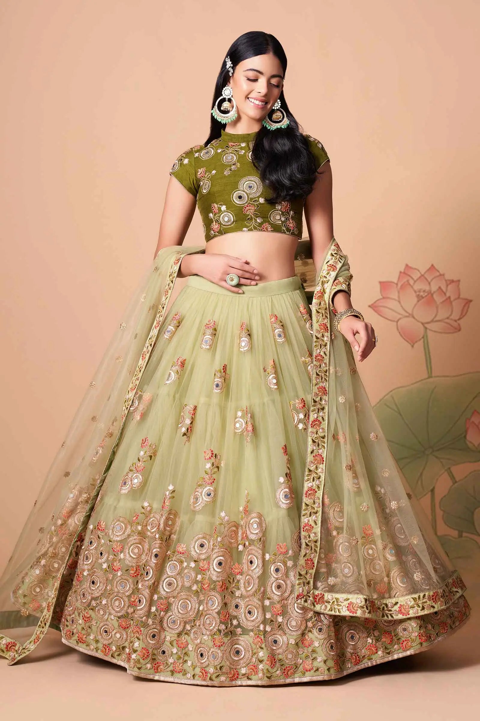 Pista Soft Net Lehenga With Thread Zari Dori And Sequins Embroidery With Mirror Work | Ready To Wear - qivii
