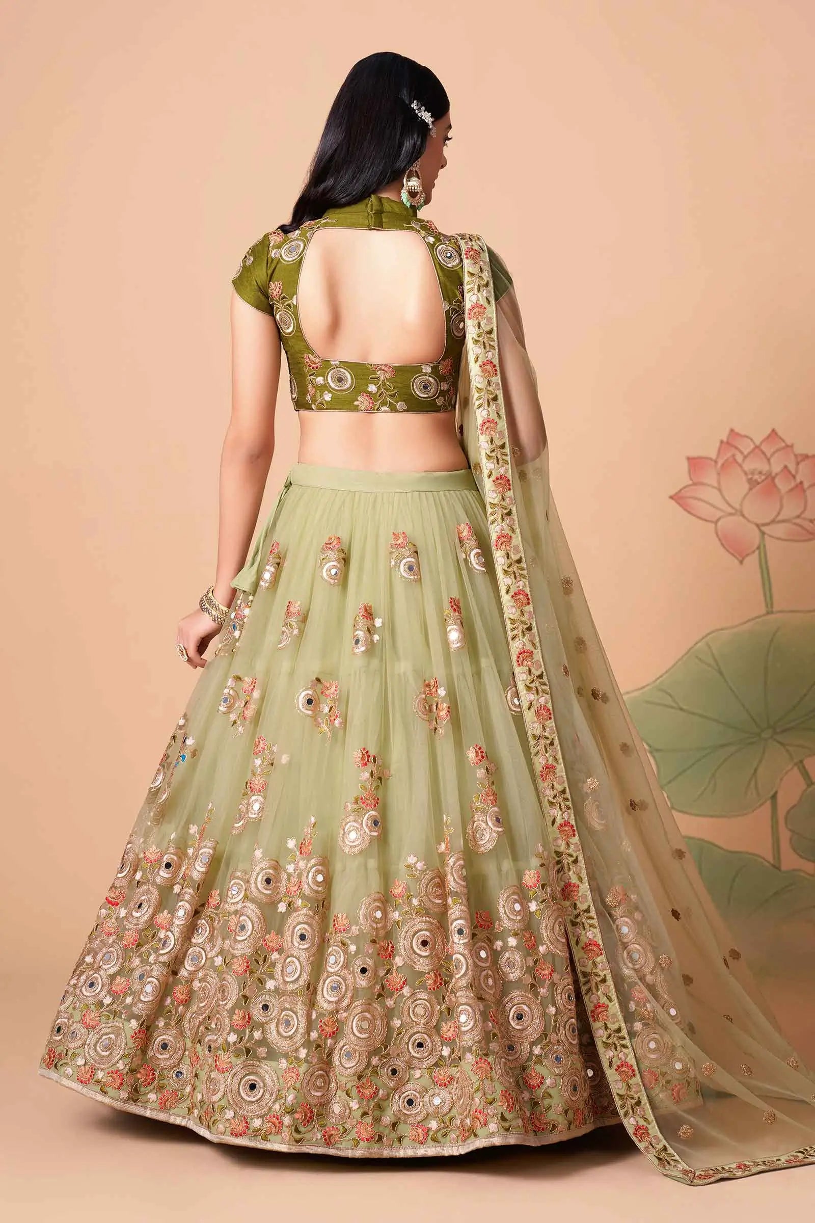Pista Soft Net Lehenga With Thread Zari Dori And Sequins Embroidery With Mirror Work | Ready To Wear - qivii