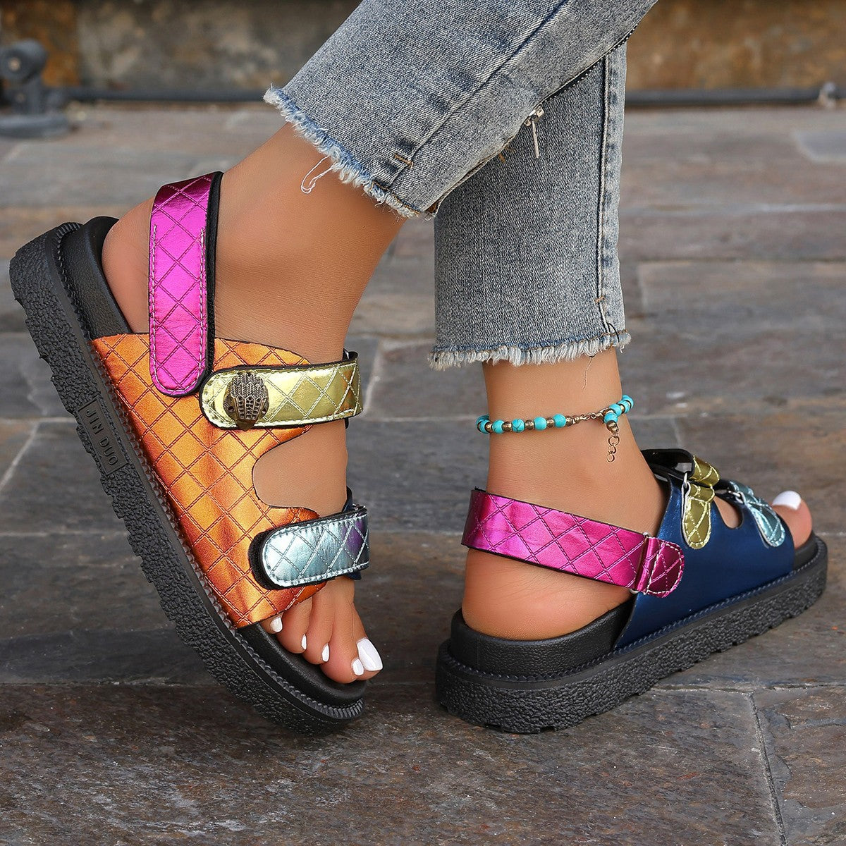 Women's Eagle-Glow Plus Size Beach Sandals - Bold Platform & Diamond Velcro Strap | Color Burst Design