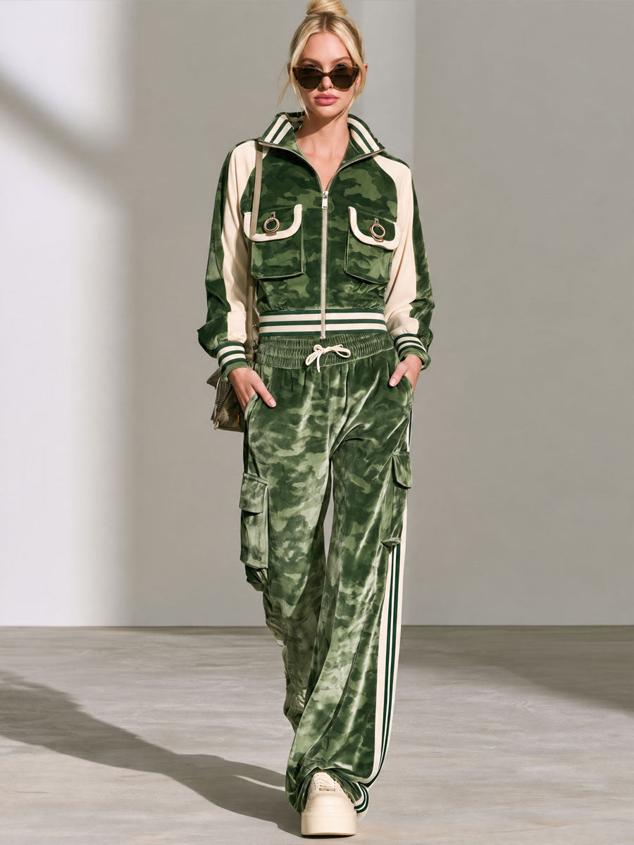 Stylish Retro Green Camouflage Velvet Print Jacket And Pants Set - By Qivii