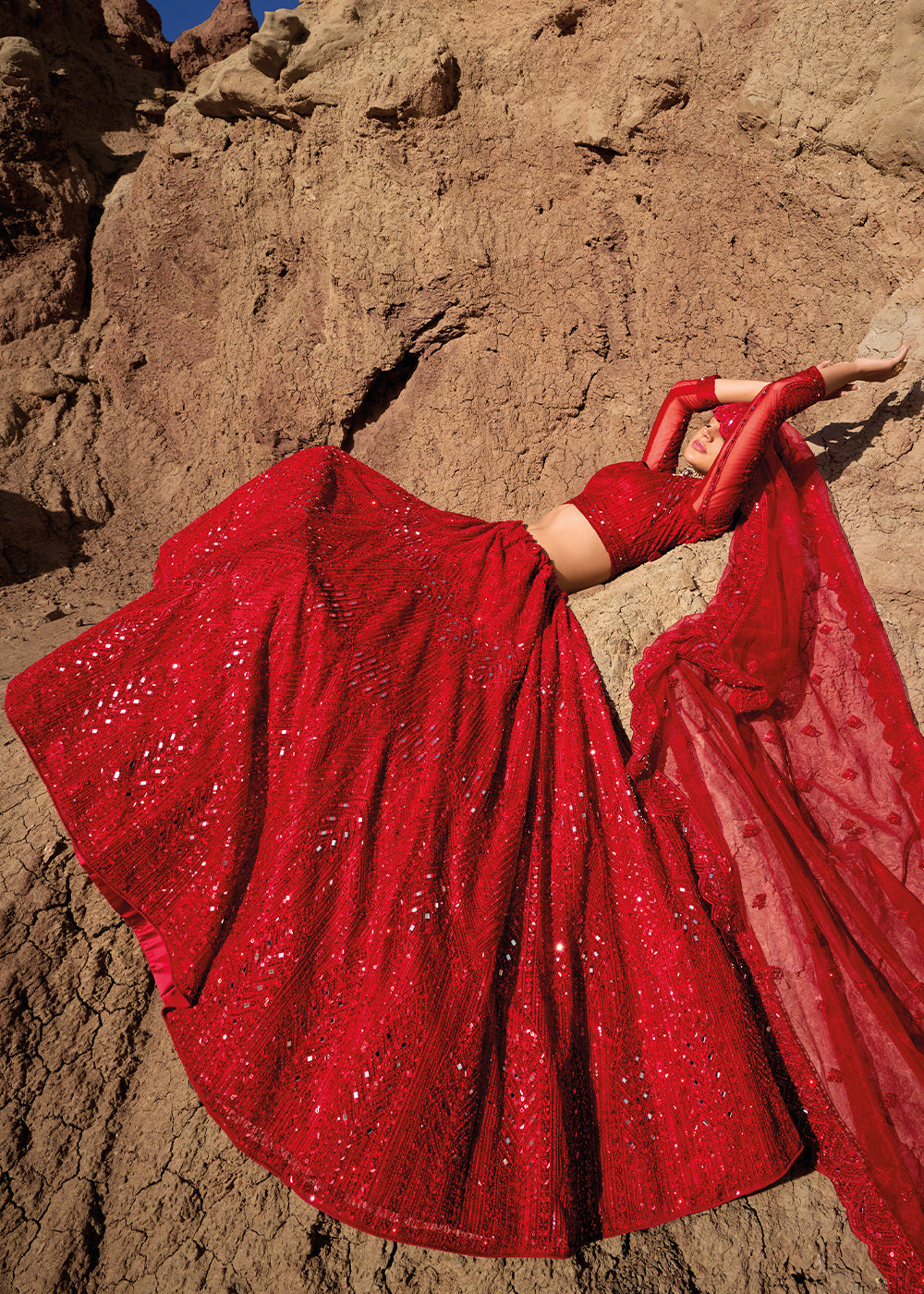 Crimson Red Net lehenga Choli with Mirror, Zarkan & Cutwork | Ready To Wear - qivii