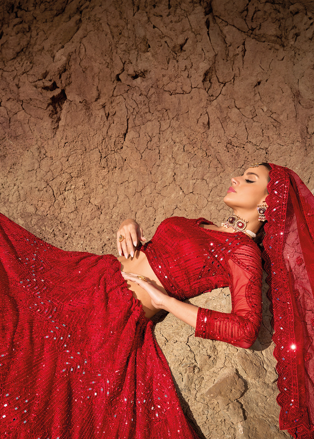 Crimson Red Net lehenga Choli with Mirror, Zarkan & Cutwork | Ready To Wear - qivii