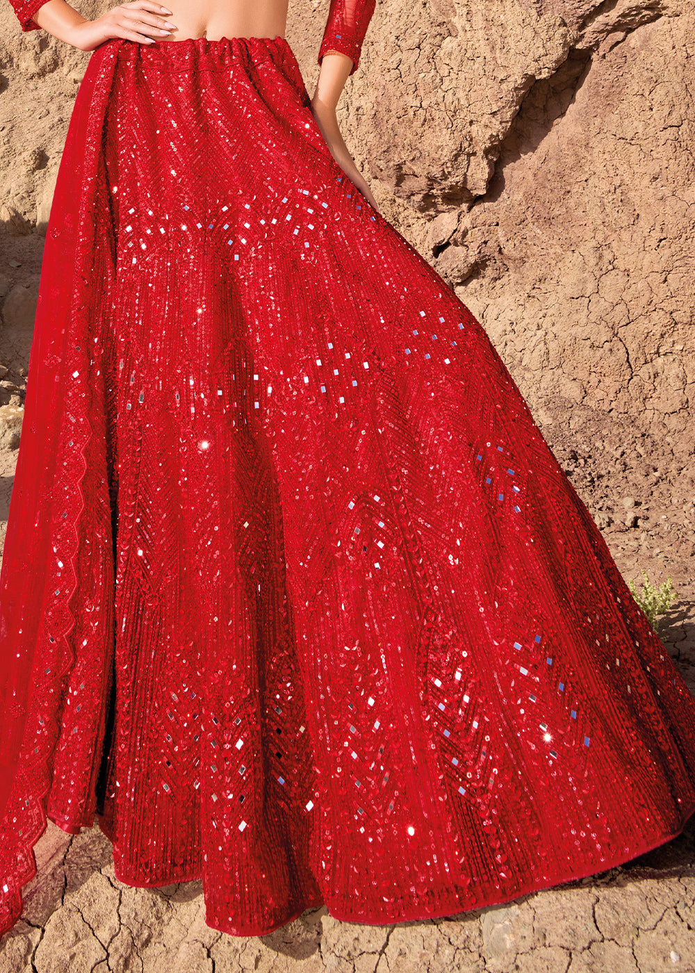 Crimson Red Net lehenga Choli with Mirror, Zarkan & Cutwork | Ready To Wear - qivii