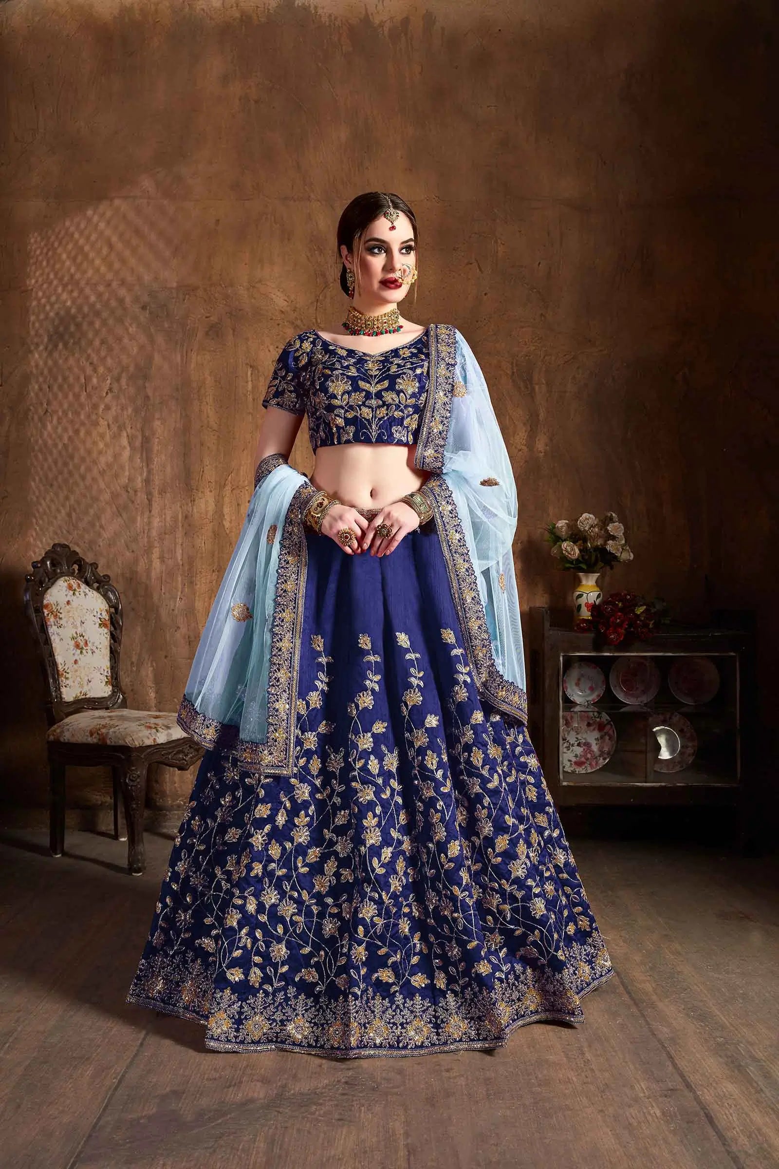 Navy Blue Silk Lehenga With Dori, Badla And Sequins Embroidery Work | Ready To Wear - qivii