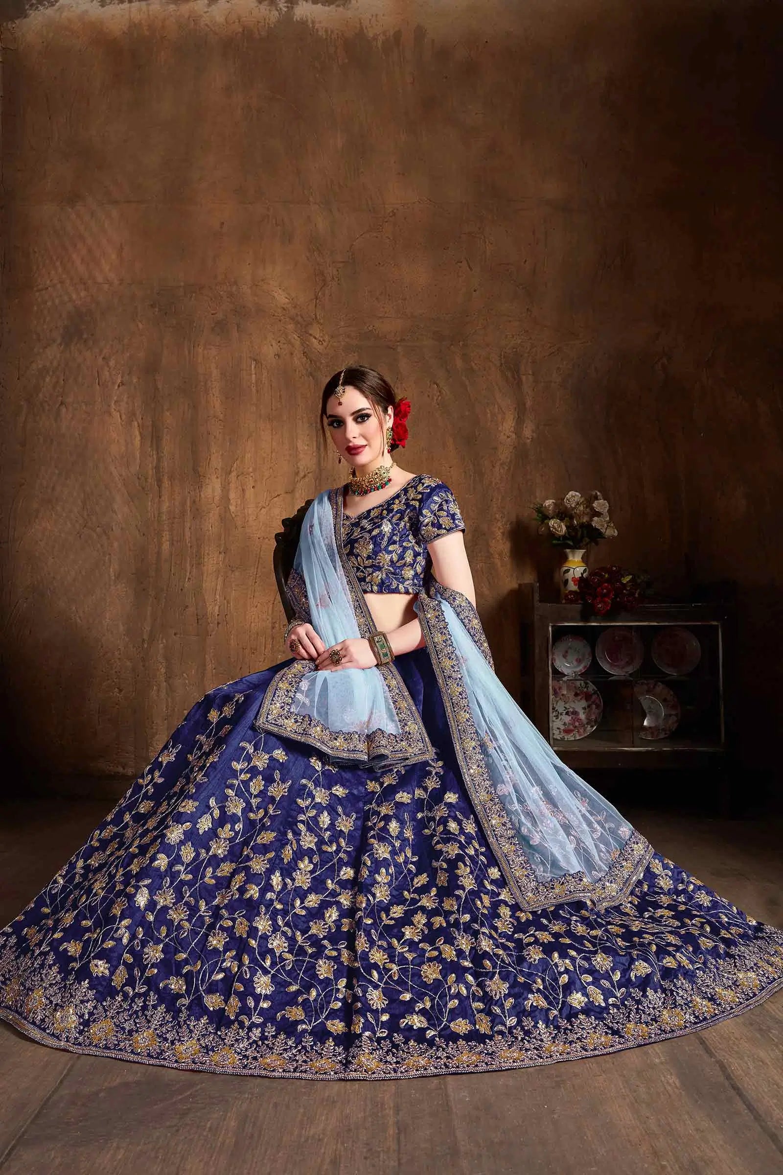 Navy Blue Silk Lehenga With Dori, Badla And Sequins Embroidery Work | Ready To Wear - qivii