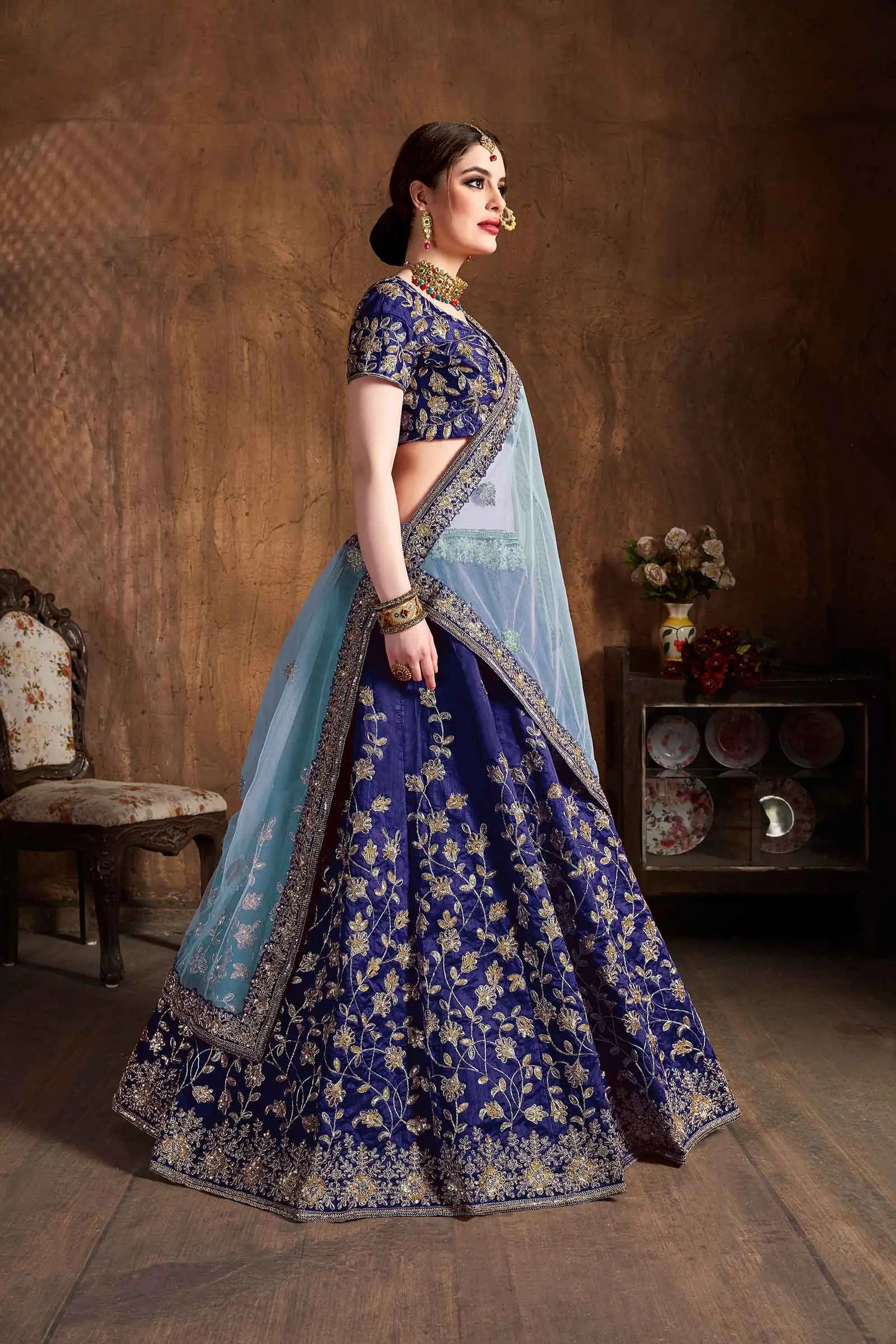 Navy Blue Silk Lehenga With Dori, Badla And Sequins Embroidery Work | Ready To Wear - qivii