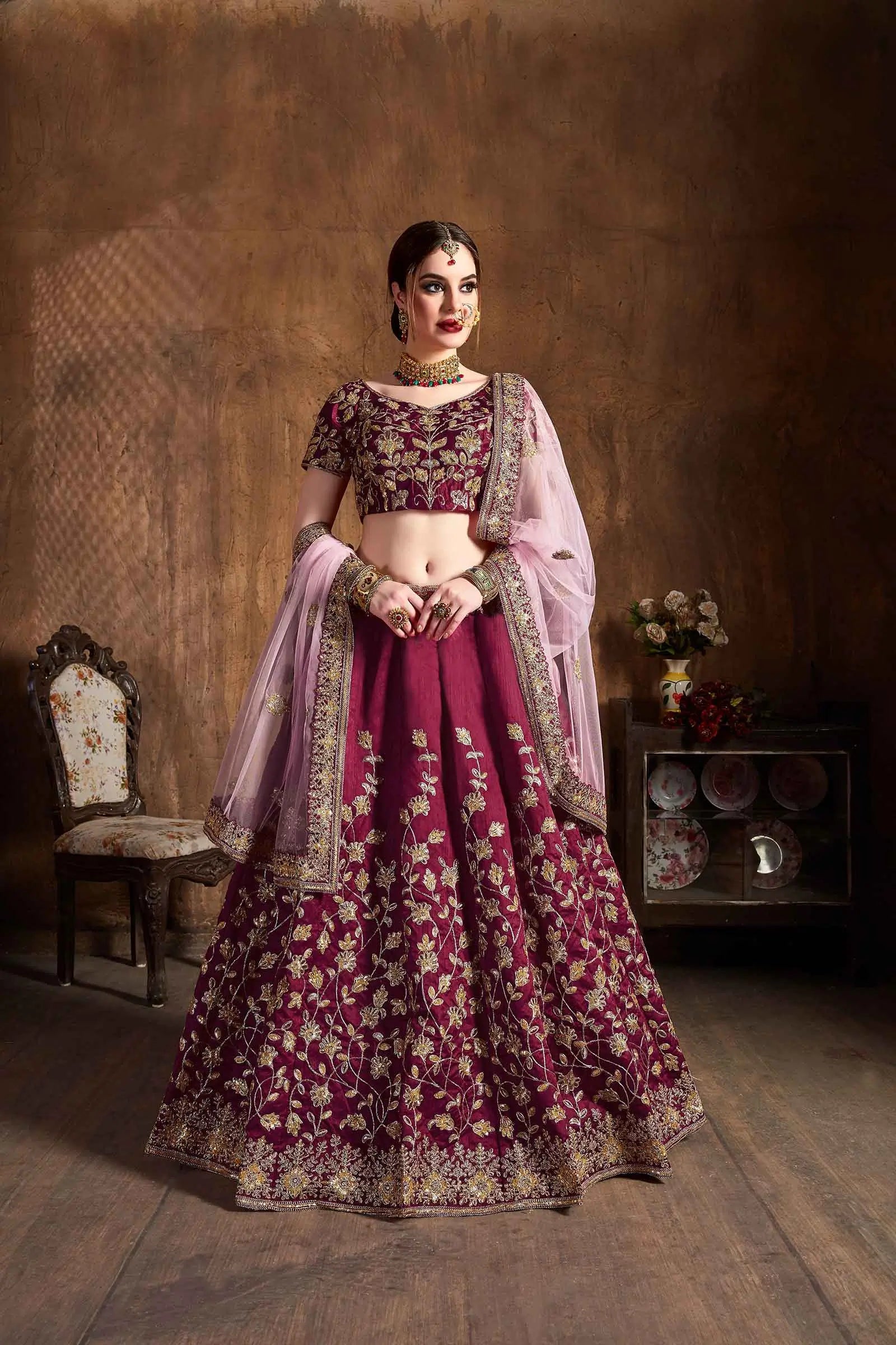 Wine Red Silk Lehenga With Dori, Badla And Sequins Embroidery Work | Ready To Wear - qivii