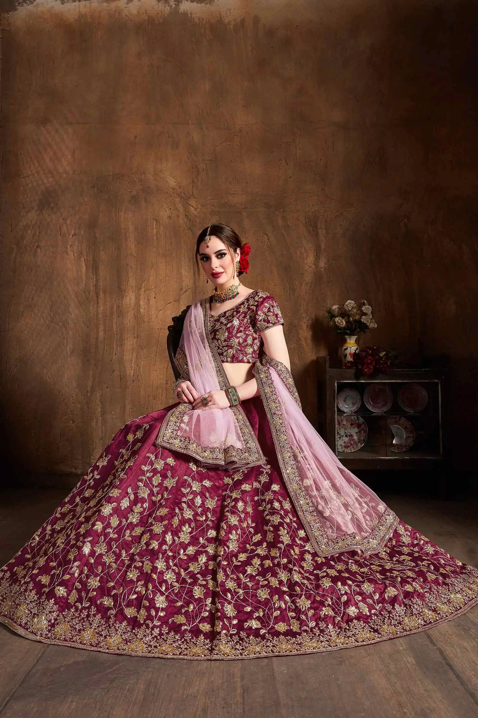 Wine Red Silk Lehenga With Dori, Badla And Sequins Embroidery Work | Ready To Wear - qivii