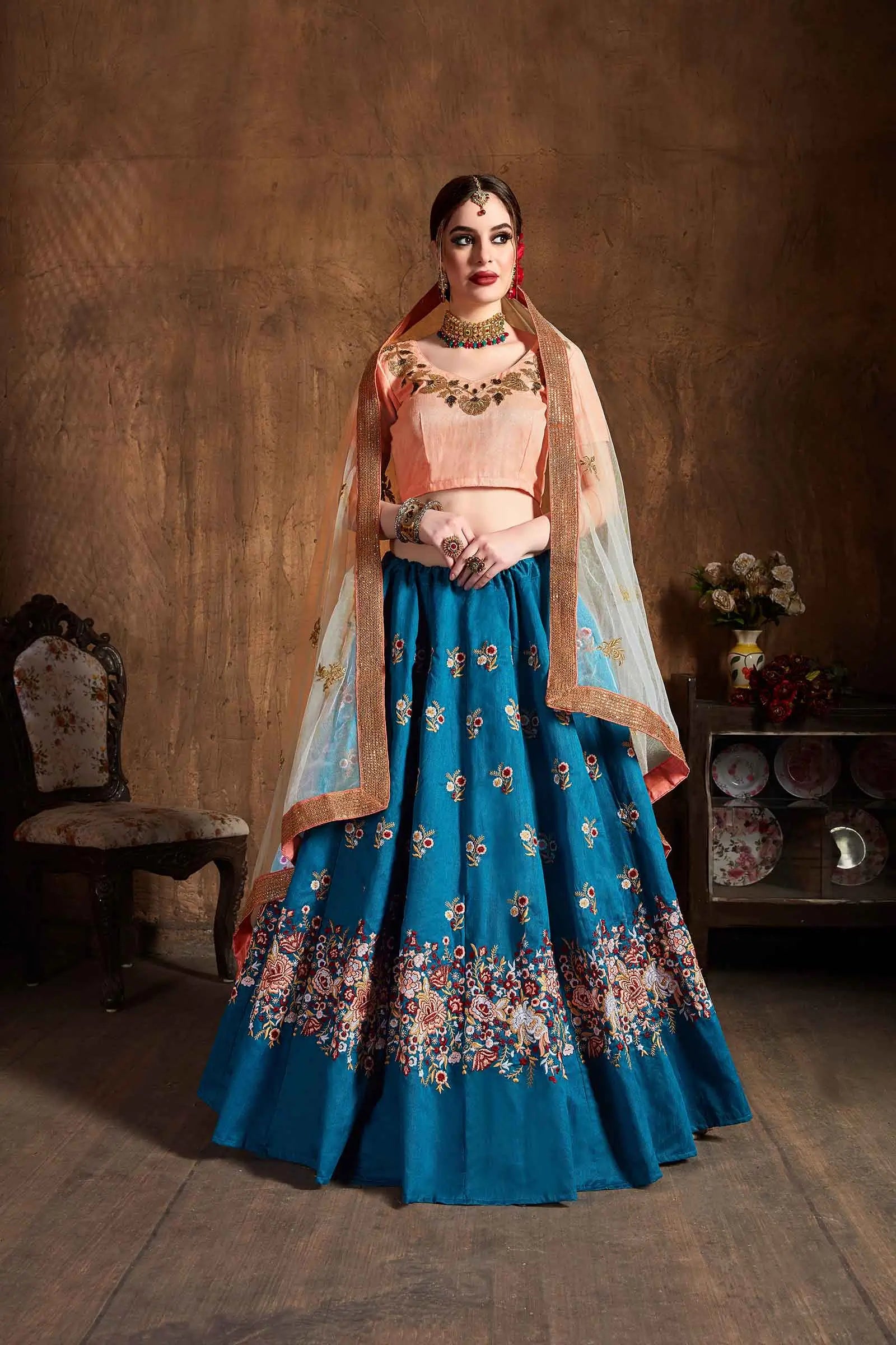 Teal Blue Silk Lehenga With Dori, Resham Thread And Sequins Embroidery Work | Ready To Wear - qivii