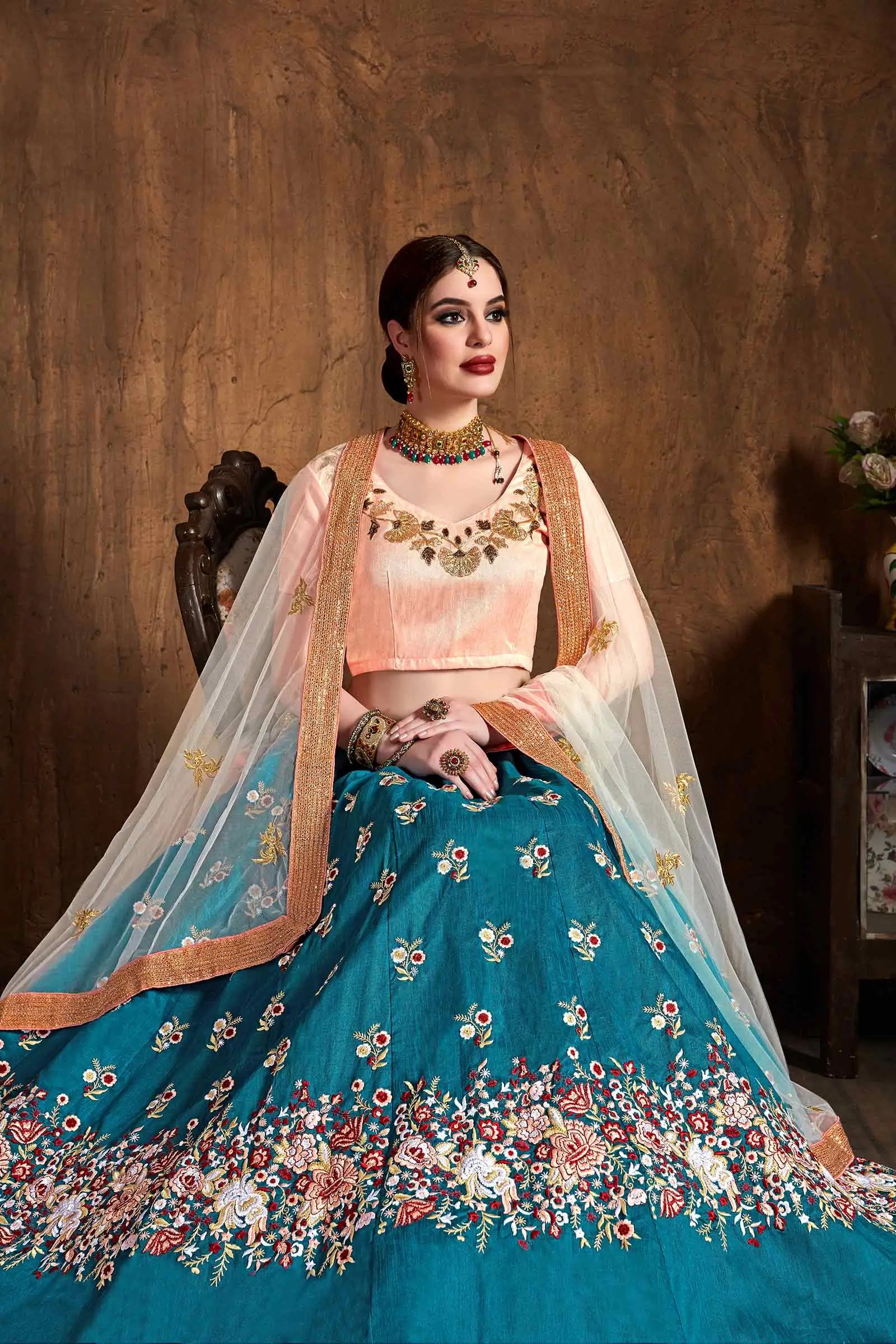 Teal Blue Silk Lehenga With Dori, Resham Thread And Sequins Embroidery Work | Ready To Wear - qivii