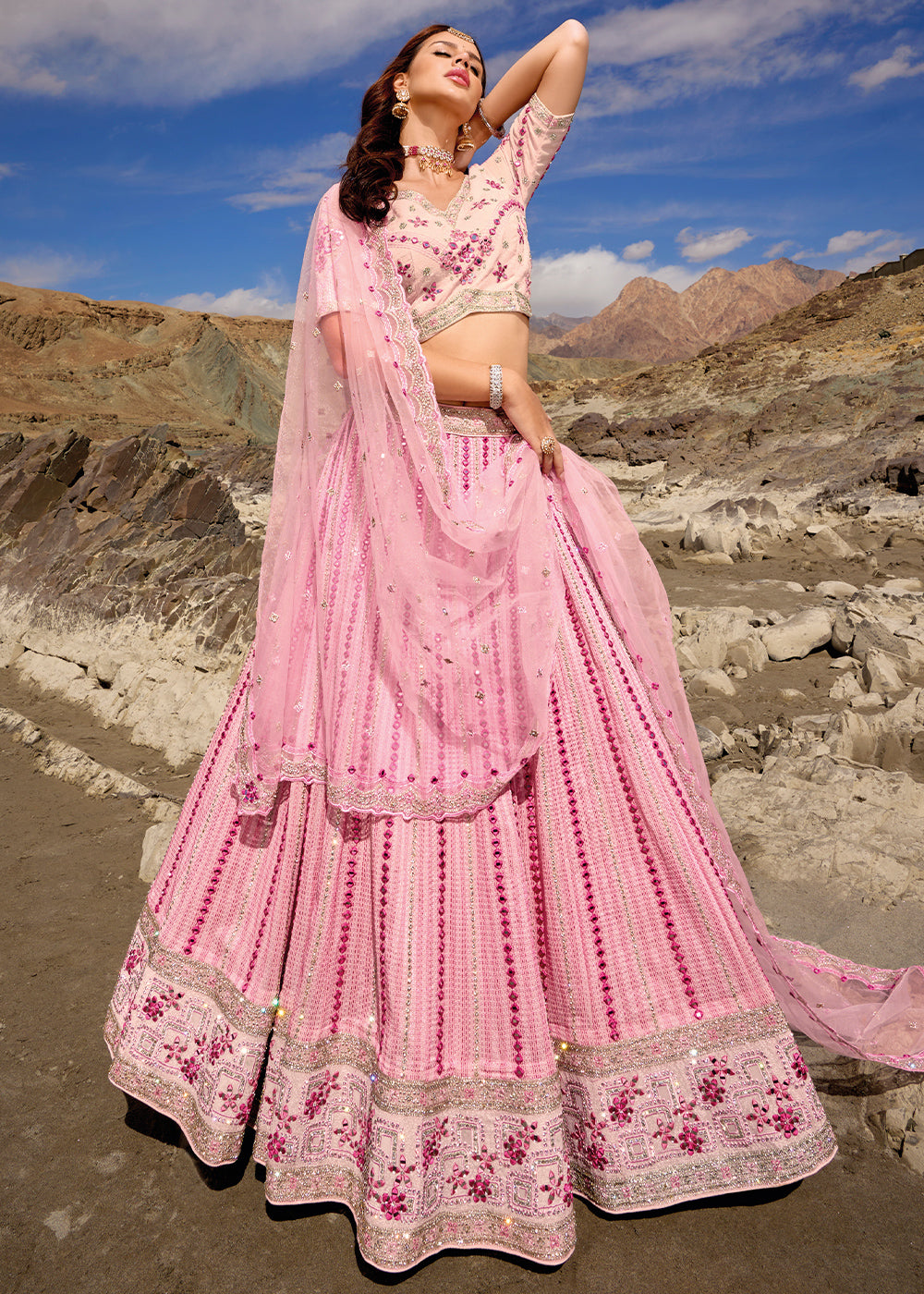 Rose Pink Georgette lehenga Choli with Mirror,Zarkan & Cutwork | Ready To Wear - qivii