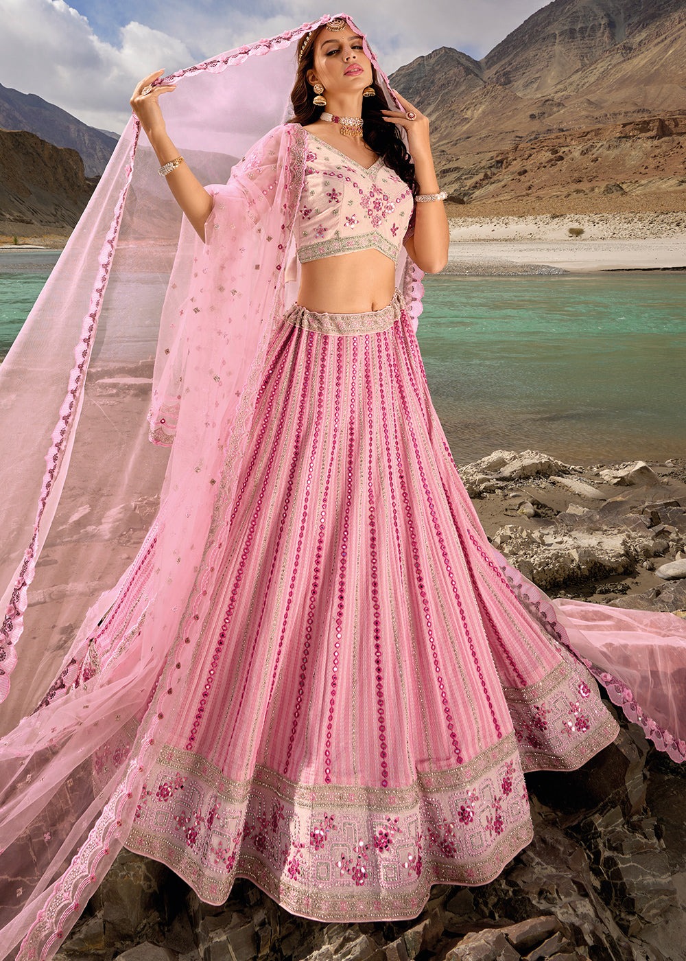 Rose Pink Georgette lehenga Choli with Mirror,Zarkan & Cutwork | Ready To Wear - qivii