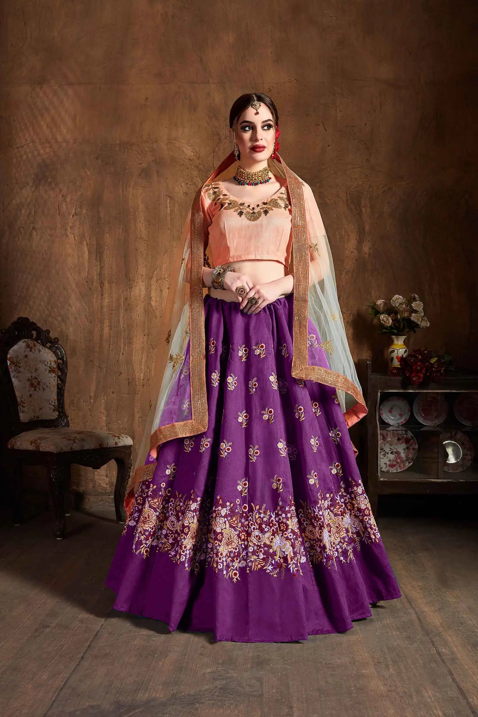Purple Silk Lehenga With Dori, Badla And Sequins Embroidery Work | Ready To Wear - qivii