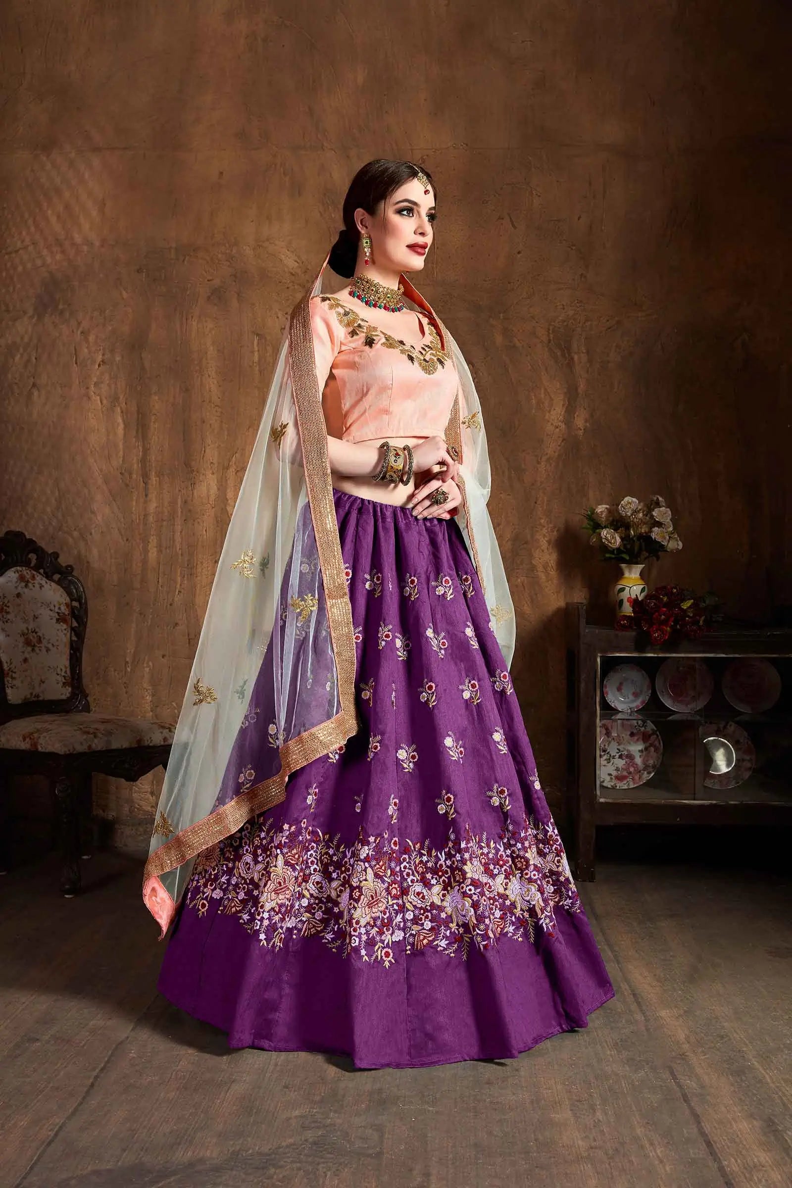 Purple Silk Lehenga With Dori, Badla And Sequins Embroidery Work | Ready To Wear - qivii