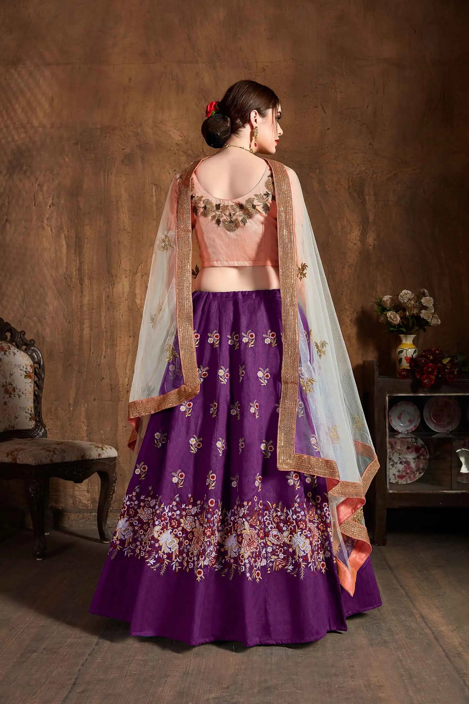 Purple Silk Lehenga With Dori, Badla And Sequins Embroidery Work | Ready To Wear - qivii