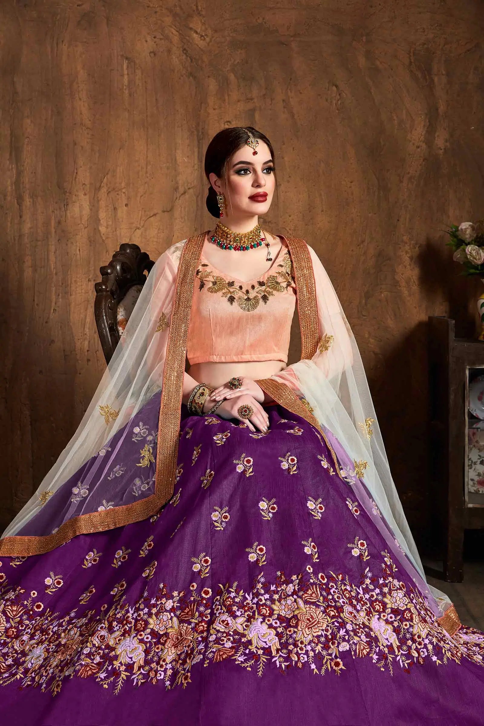 Purple Silk Lehenga With Dori, Badla And Sequins Embroidery Work | Ready To Wear - qivii