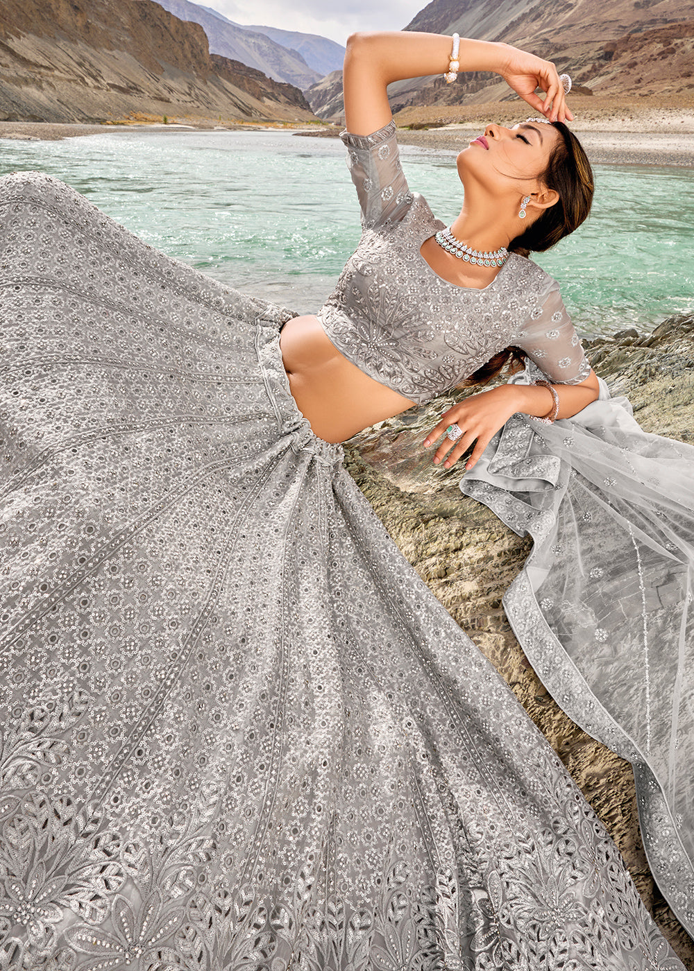 Misty Grey Organza lehenga Choli with Mirror,Zarkan & Cutwork | Ready To Wear - qivii