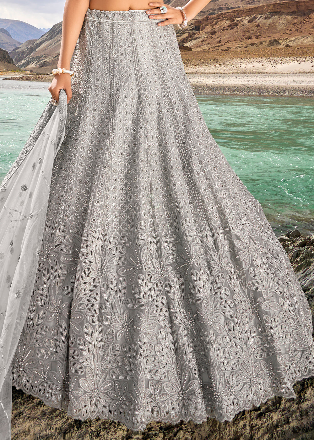 Misty Grey Organza lehenga Choli with Mirror,Zarkan & Cutwork | Ready To Wear - qivii