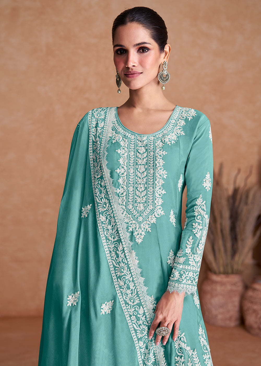 Arctic Blue Silk Plazzo Suit with Embroidery work - qivii