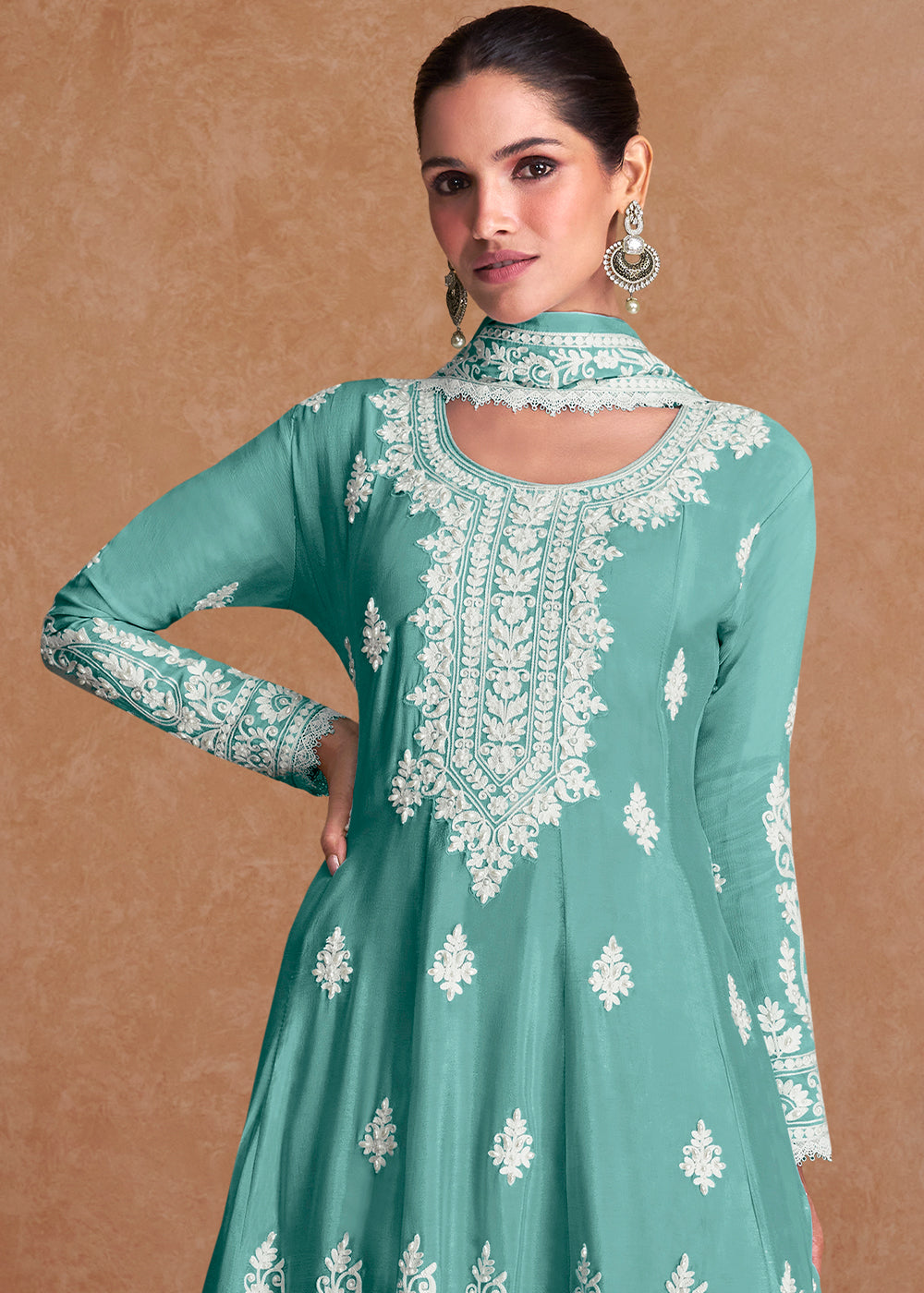 Arctic Blue Silk Plazzo Suit with Embroidery work - qivii