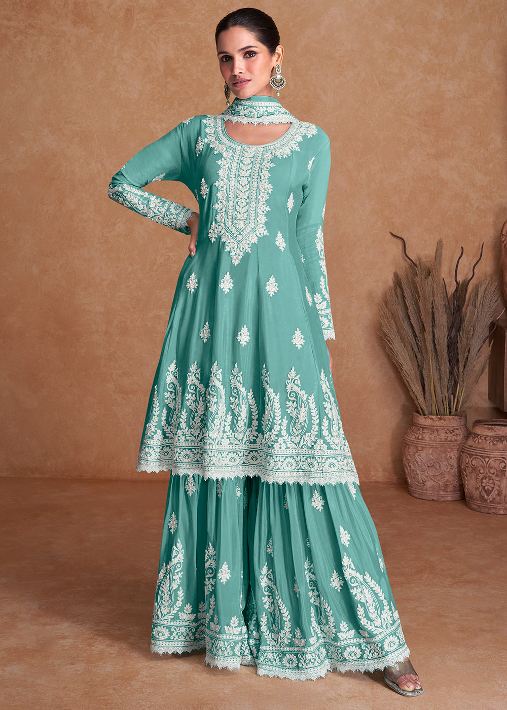 Arctic Blue Silk Plazzo Suit with Embroidery work - qivii