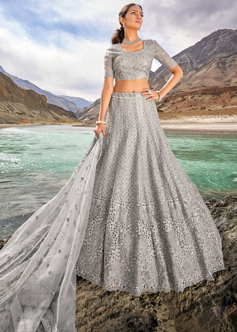 Misty Grey Organza lehenga Choli with Mirror,Zarkan & Cutwork | Ready To Wear - qivii