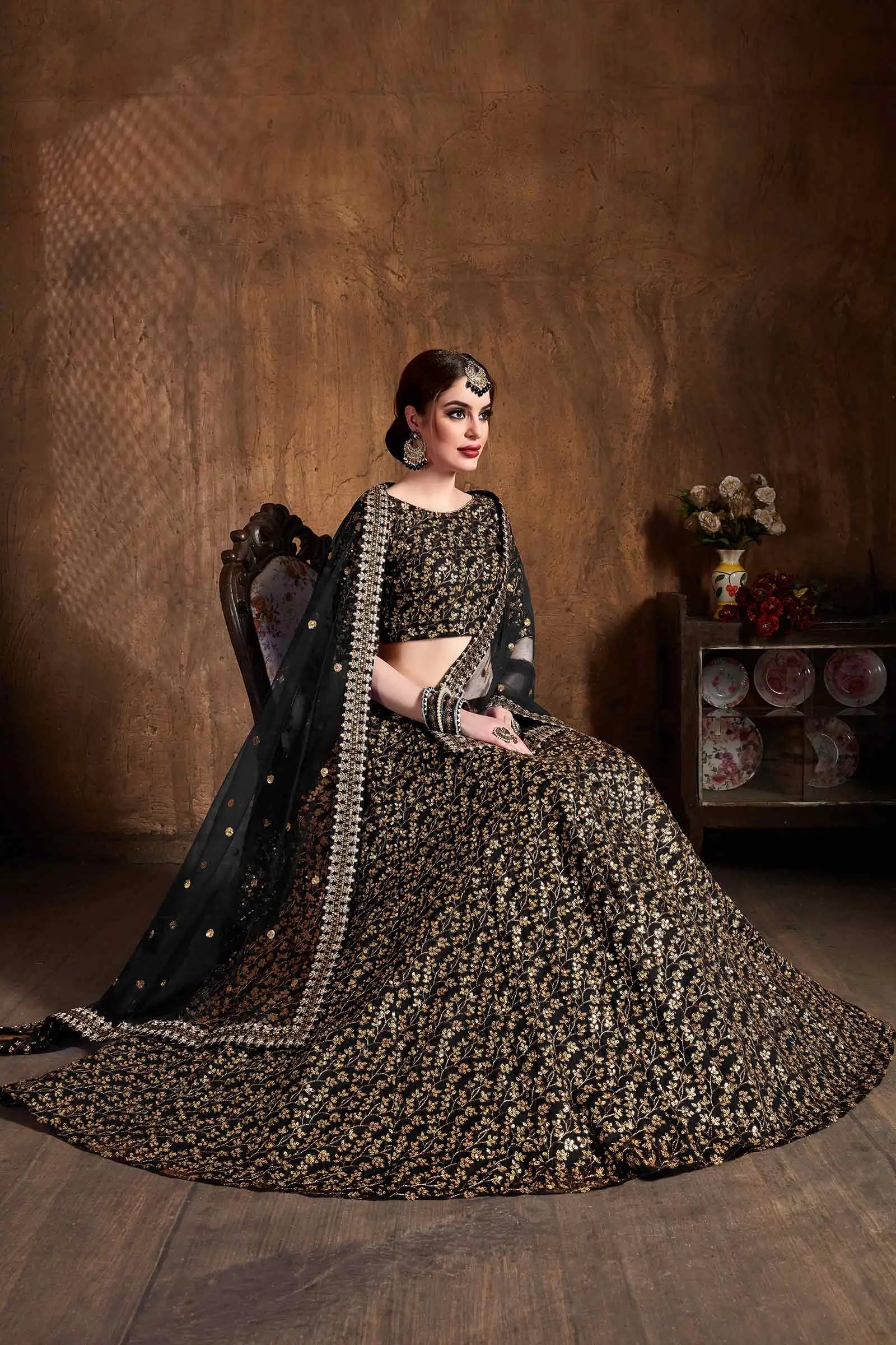 Black And Golden Silk Lehenga With Zari And Sequins Heavy Embroidery Work | Ready To Wear - qivii