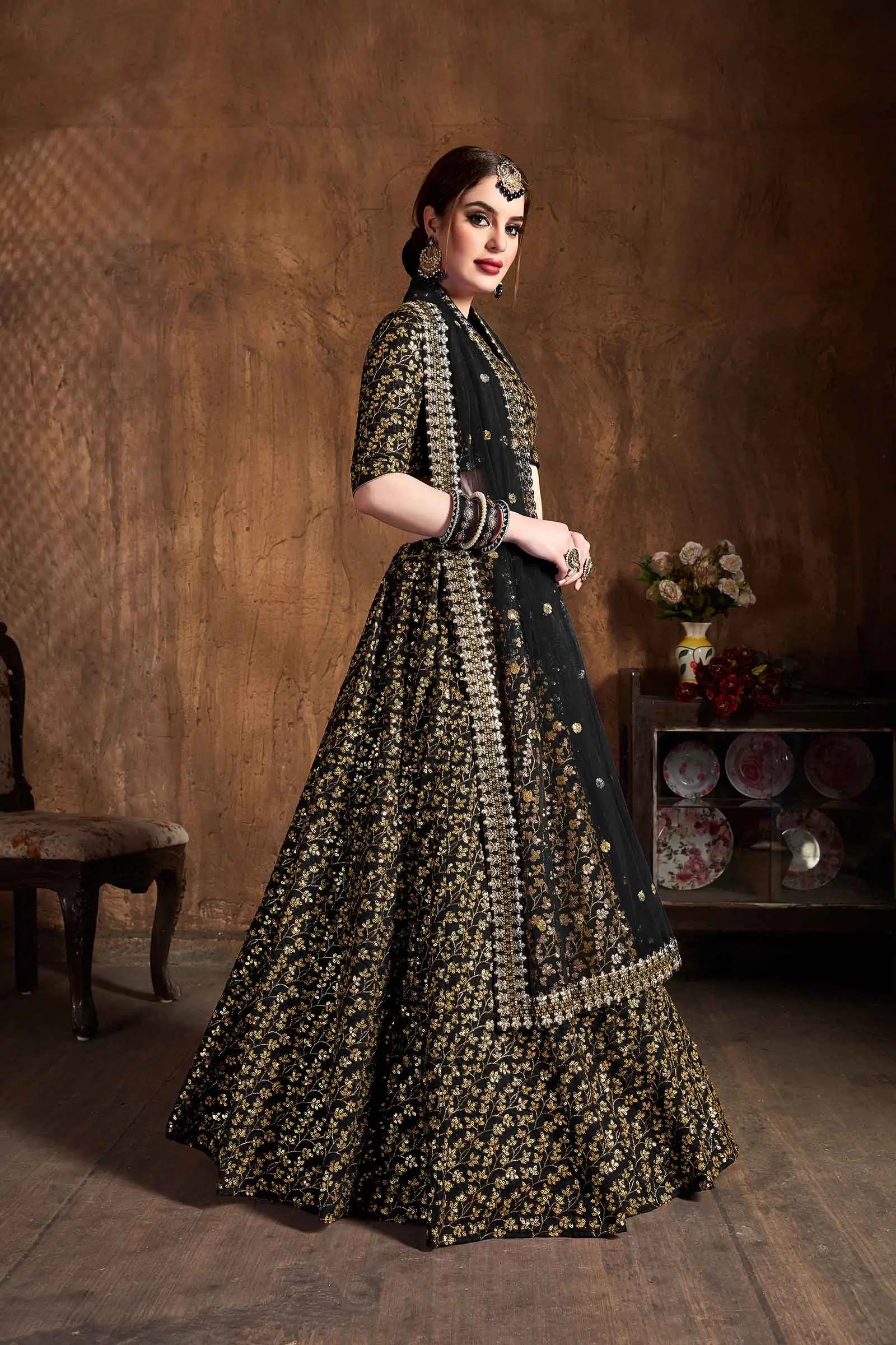 Black And Golden Silk Lehenga With Zari And Sequins Heavy Embroidery Work | Ready To Wear - qivii