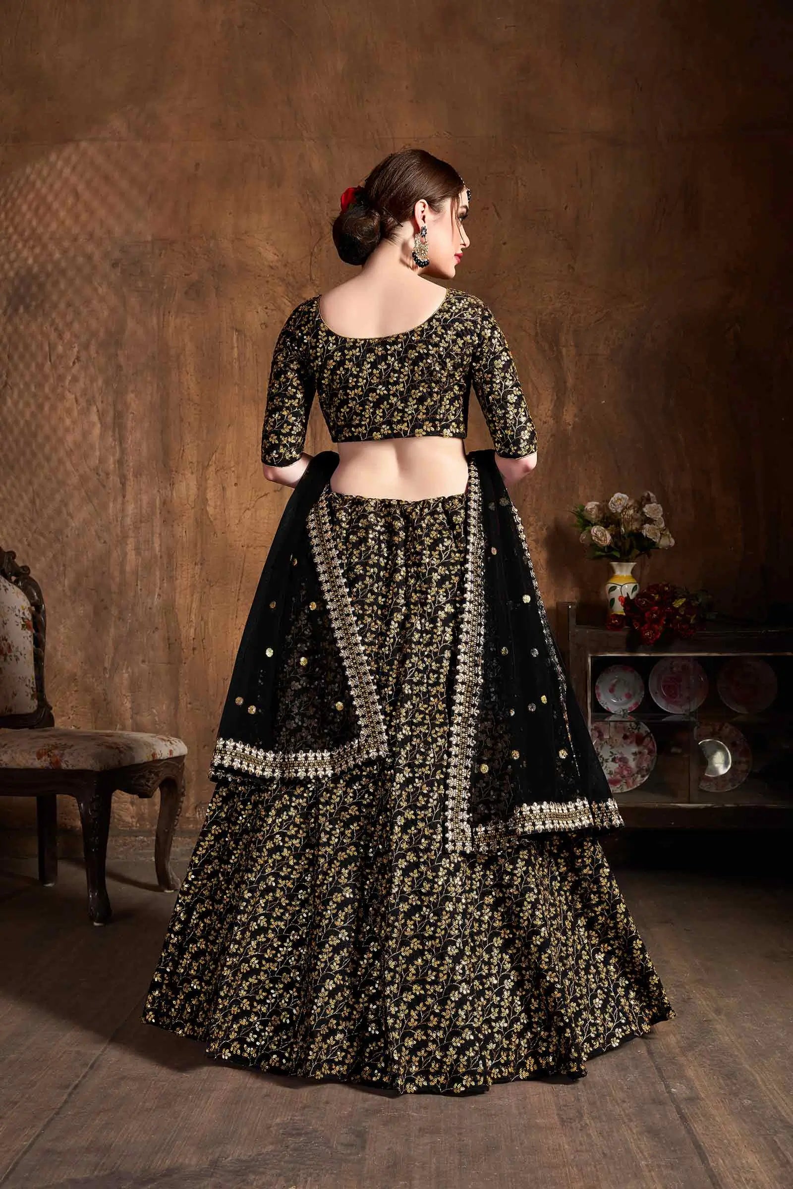 Black And Golden Silk Lehenga With Zari And Sequins Heavy Embroidery Work | Ready To Wear - qivii