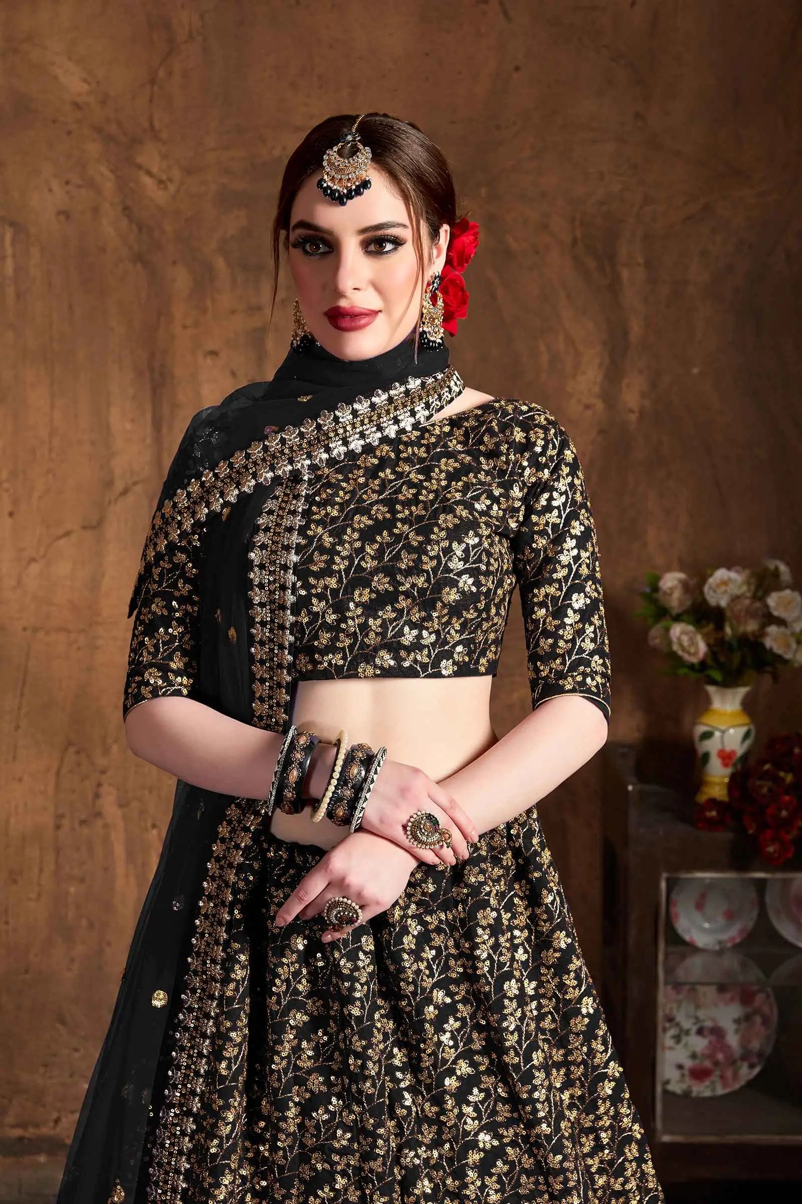 Black And Golden Silk Lehenga With Zari And Sequins Heavy Embroidery Work | Ready To Wear - qivii