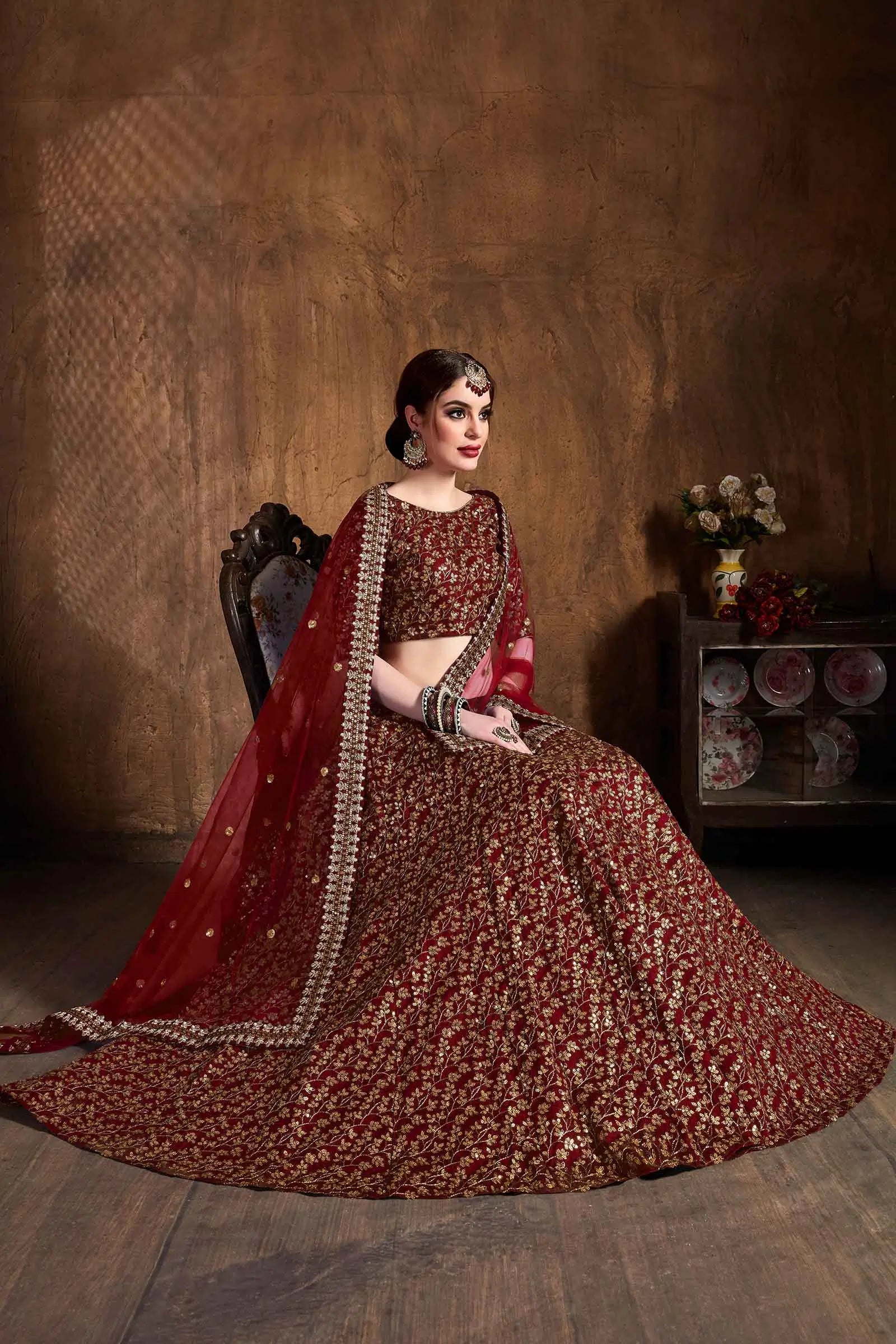 Maroon And Golden Silk Lehenga With Zari And Sequins Heavy Embroidery Work | Ready To Wear - qivii