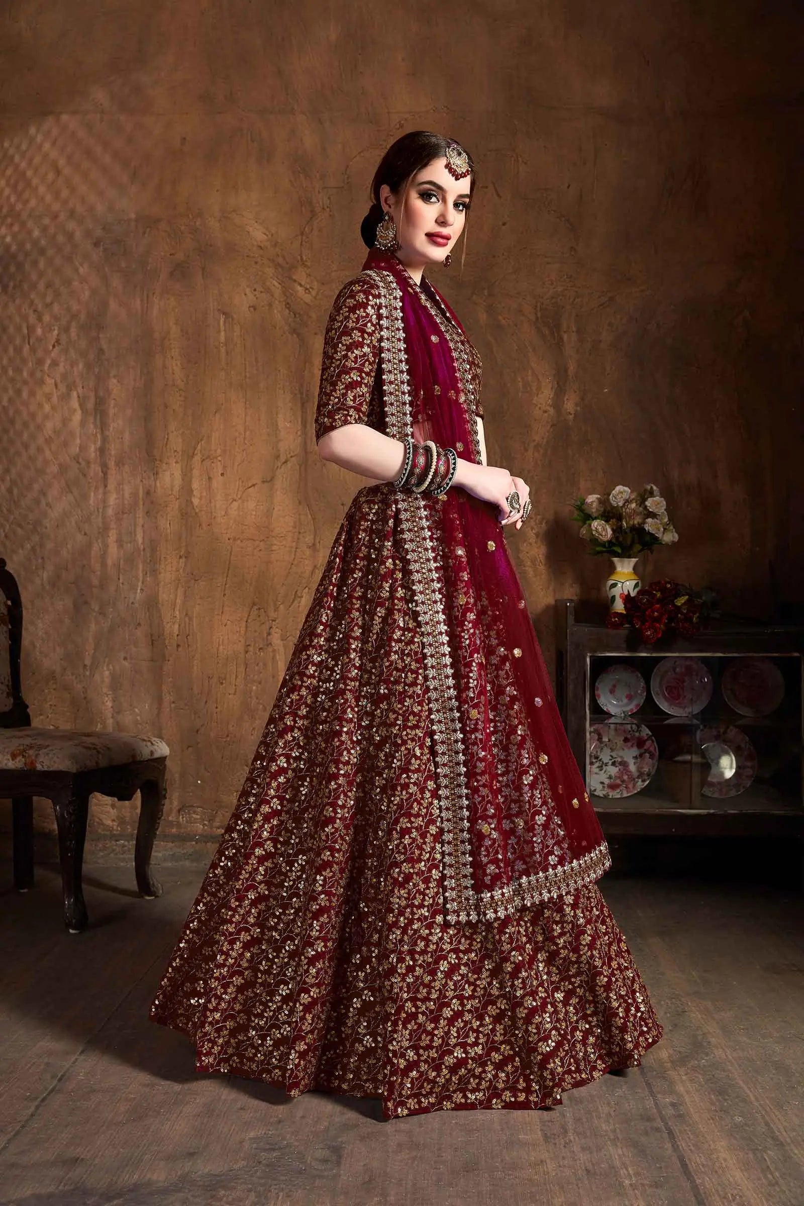 Maroon And Golden Silk Lehenga With Zari And Sequins Heavy Embroidery Work | Ready To Wear - qivii