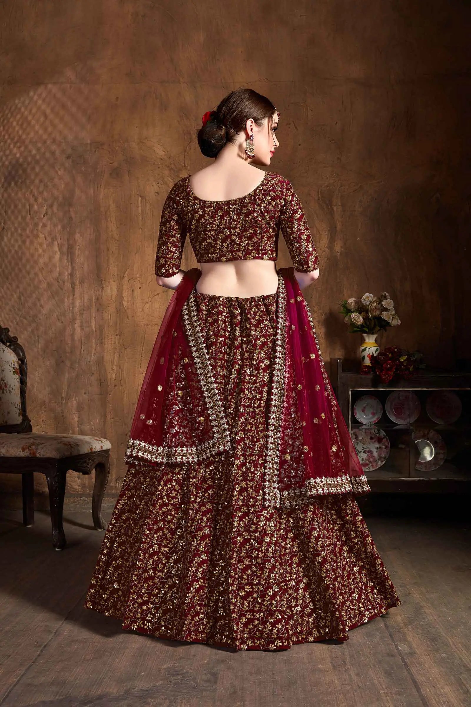 Maroon And Golden Silk Lehenga With Zari And Sequins Heavy Embroidery Work | Ready To Wear - qivii