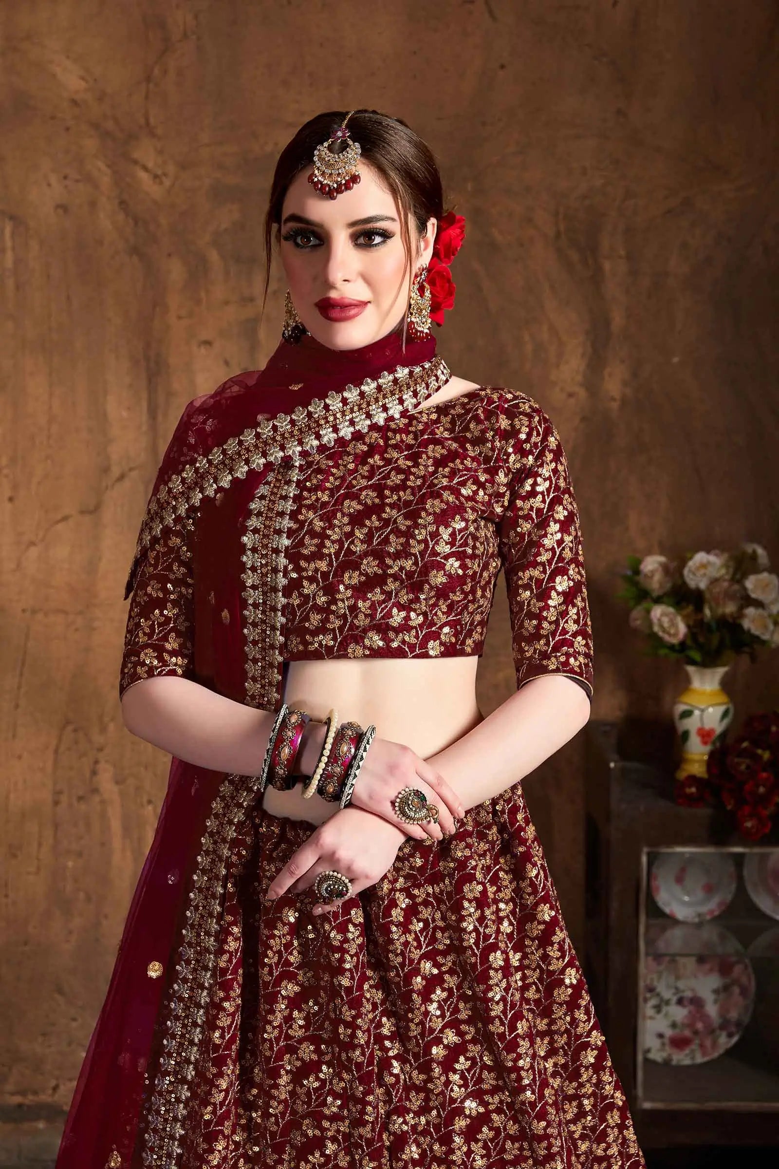 Maroon And Golden Silk Lehenga With Zari And Sequins Heavy Embroidery Work | Ready To Wear - qivii